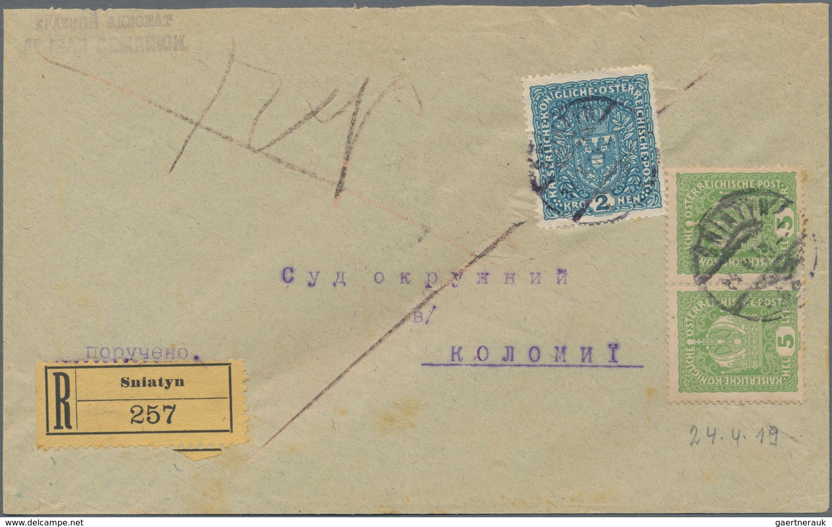 Westukraine: 1919, Registered Cover From Sniatyn To Kolomyi, Franked By Austrian 5 H (2) + 2 Kr. Sca - Oekraïne