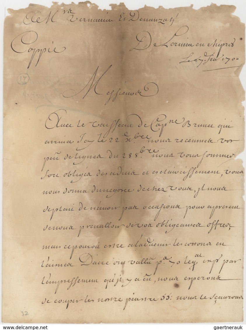 Zypern - Vorläufer: 1700, Folded Envelope (opened Out For Display) From Larnaca To Livorno Ms. Ship - Sonstige & Ohne Zuordnung