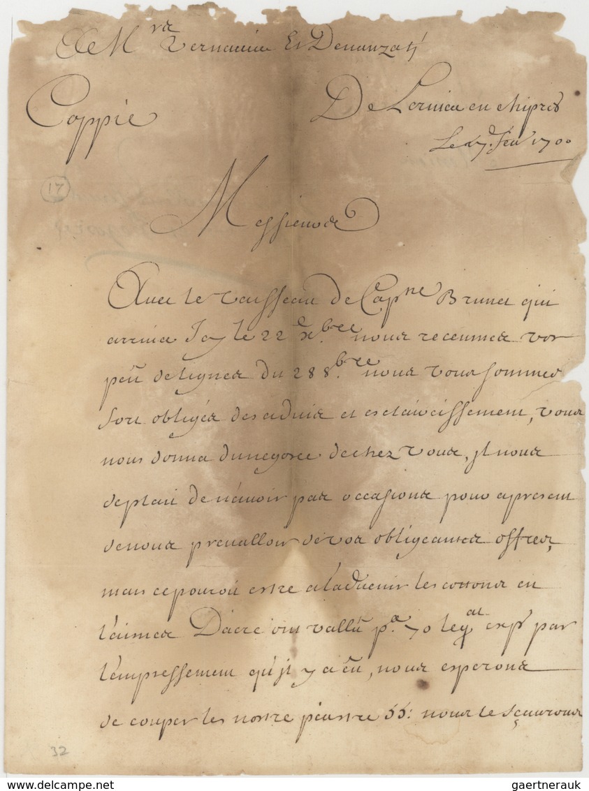 Zypern - Vorläufer: 1700, Folded Envelope (opened Out For Display) From Larnaca To Livorno Ms. Ship - Andere & Zonder Classificatie