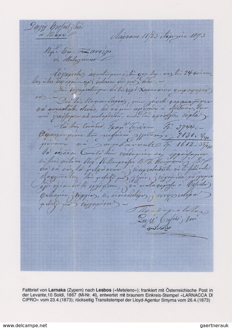 Zypern - Vorläufer: 1867, Entire Letter To Metelino Bearing 1867 10 Sld. Blue Tied By Fine "Larnacca - Altri & Non Classificati