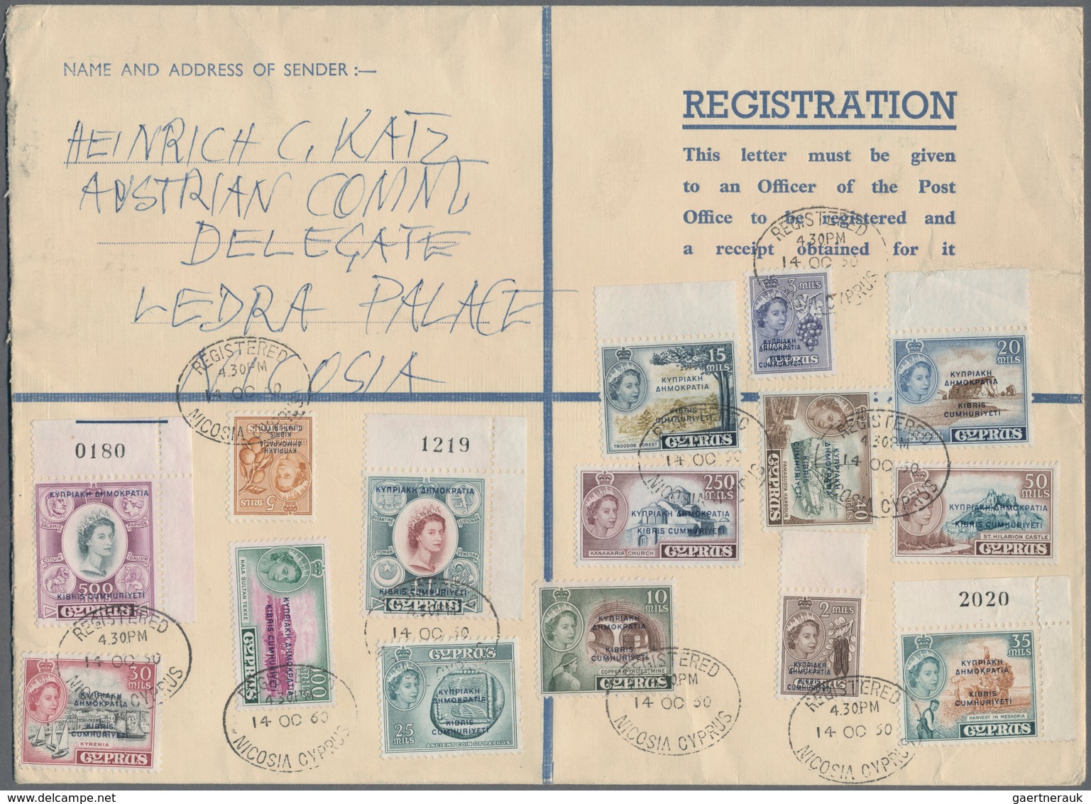 Zypern - Ganzsachen: 1960, Registered Stationery Envelope 25m. Blue Uprated By Complete Set Of 1960 - Other & Unclassified
