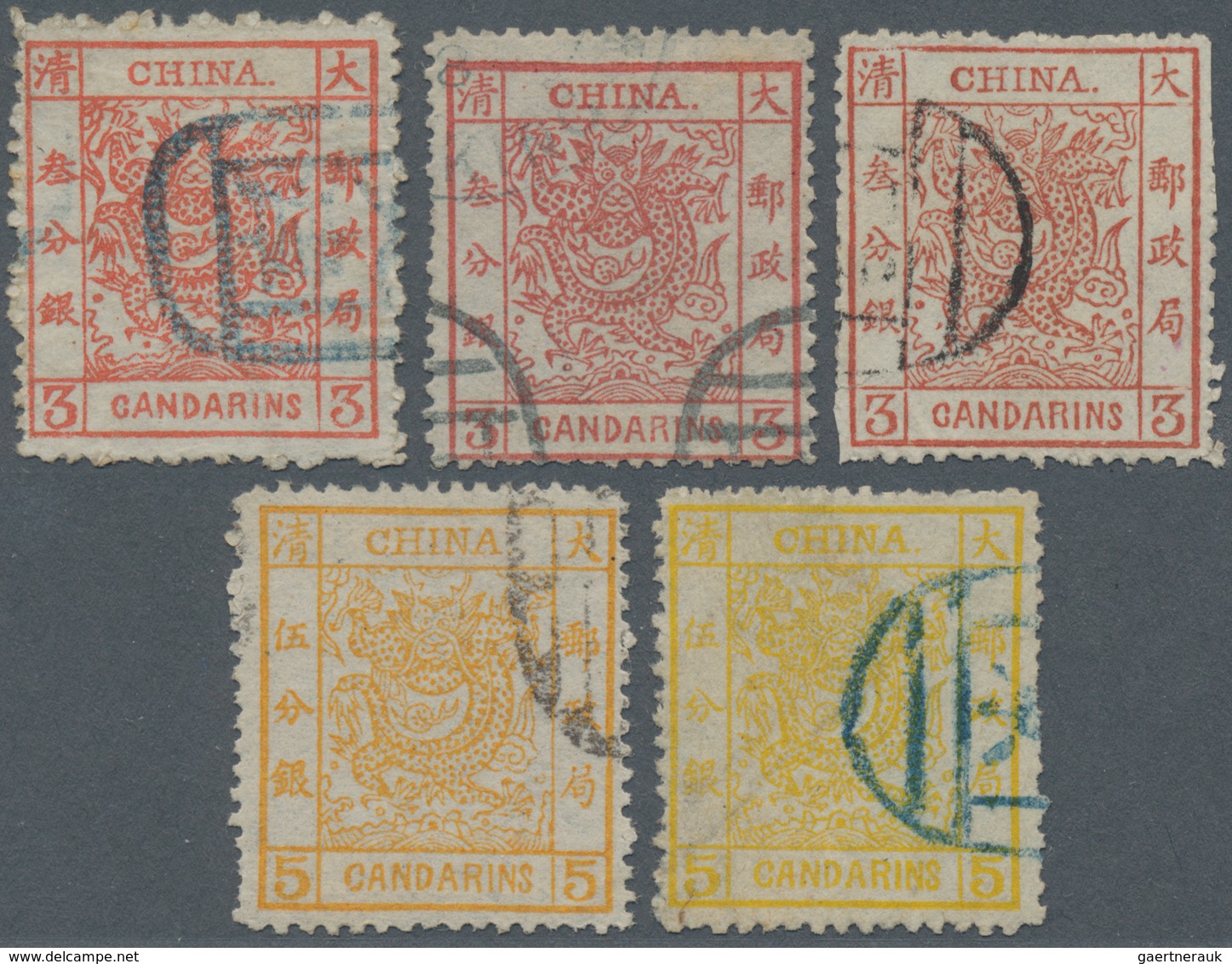 China: 1878/83, Large Dragon 3 Ca. (3, One Part Scissor Cut) Resp. 5 Ca. (2) All Used By Blue Or Bla - 1912-1949 République