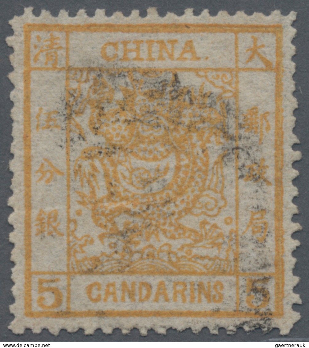 China: 1878, Large Dragon Thin Paper 5 Ca. Yellow Canc. Indistinct Large Seal (Michel Cat. 420.-). - 1912-1949 République