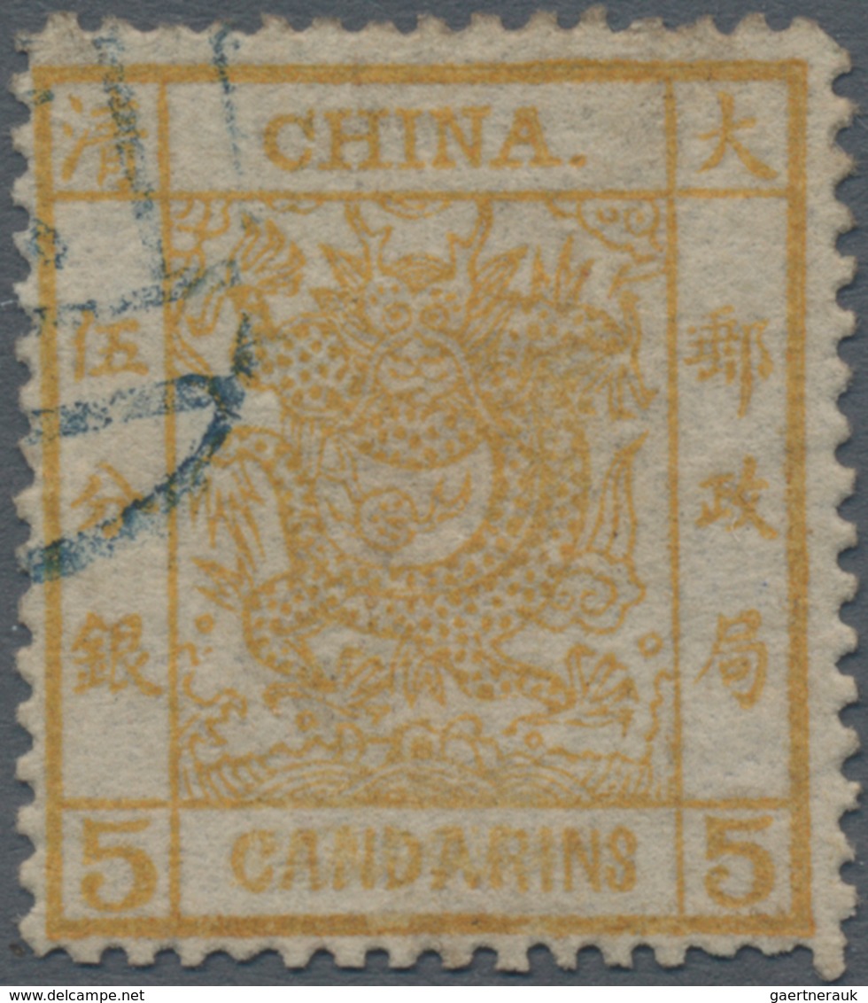 China: 1878, Large Dragon Thin Paper 5 Ca. Yellow, Used Blue Seal (Michel Cat. 420.-). - 1912-1949 República