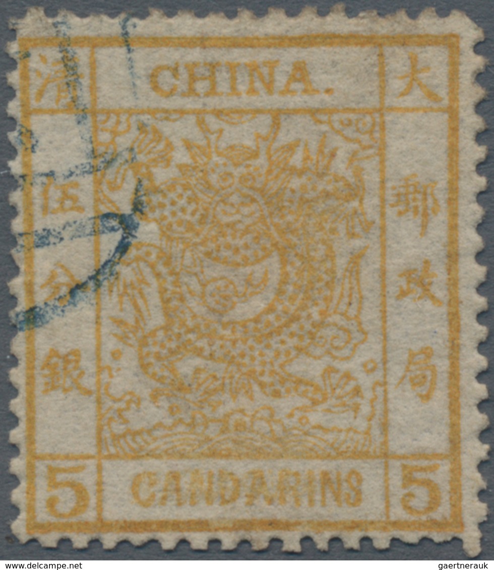 China: 1878, Large Dragon Thin Paper 5 Ca. Yellow, Used Blue Seal (Michel Cat. 420.-). - 1912-1949 Republic