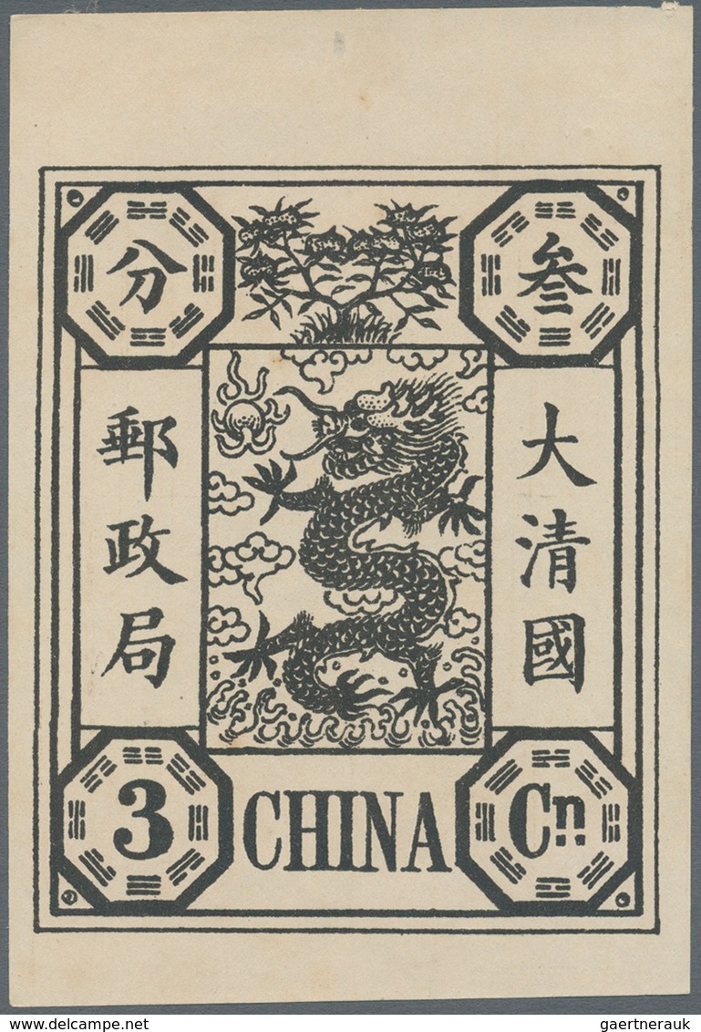 China: 1894, dowager, about 9 times enlarged black prints on ungummed unwmkd. western paper, cpl. se