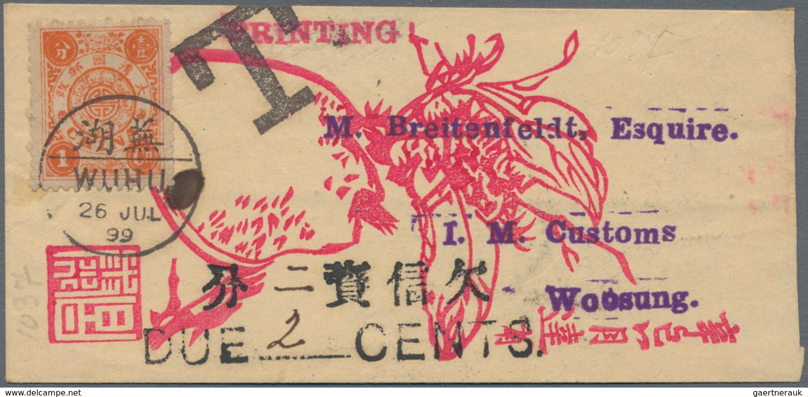 China: 1894, Dowager 1 Ca. Tied Bisected Bilingual "WUHU 26 JUL 99" To Small Size Illustrated Envelo - 1912-1949 Republic