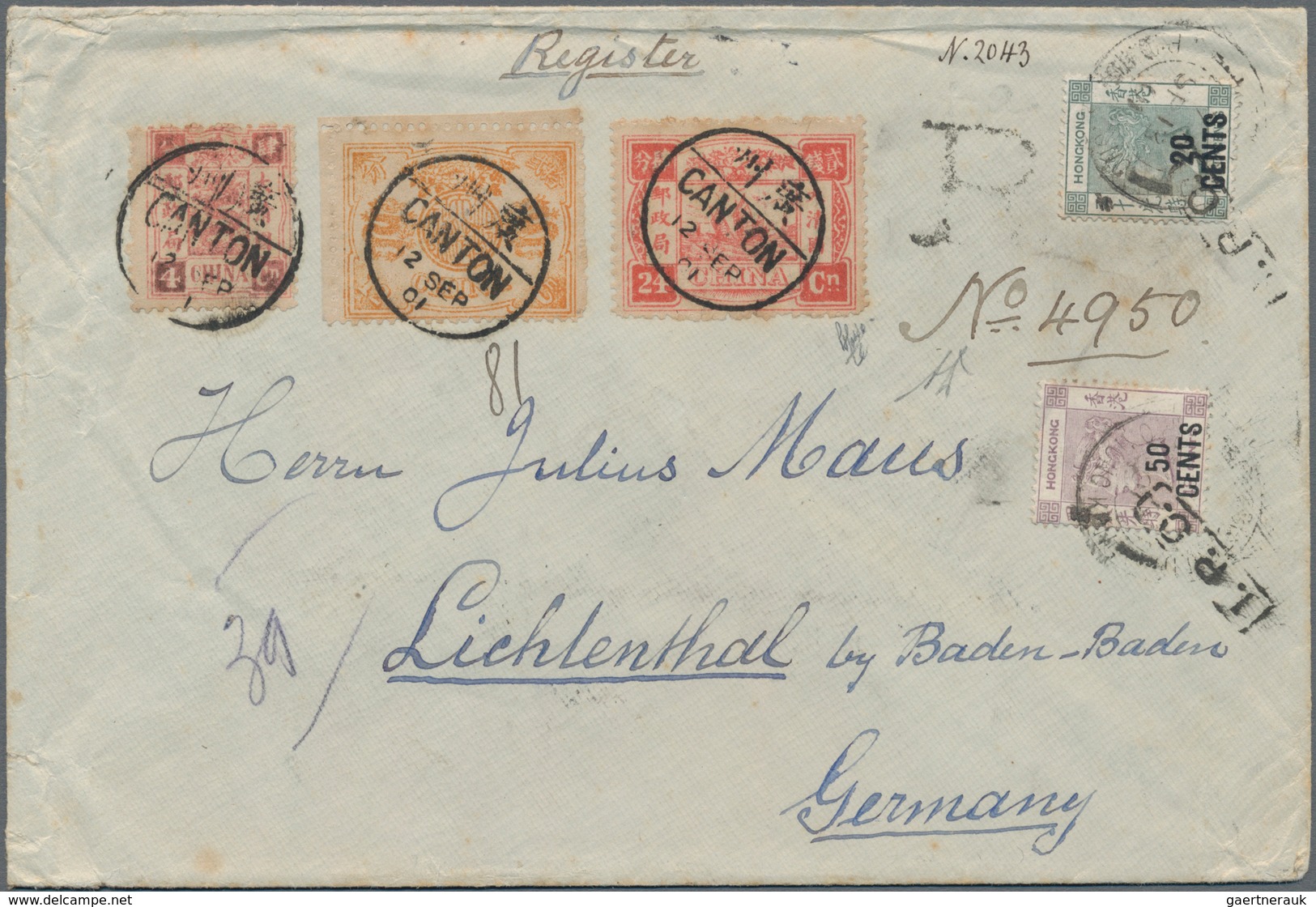 China: 1894, Dowager 4 Ca. Rose-pink, 12 Ca. Brown-orange And 24 Ca. Rose-carmine Tied By Bisected B - 1912-1949 República