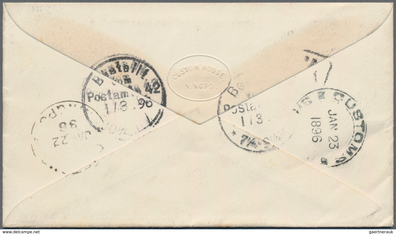 China: 1896, "CUSTOMS NINGPO JAN 22 96" On Reverse On Small Cover With Oval Emboss "CUSTOM HOUSE / N - 1912-1949 Republic