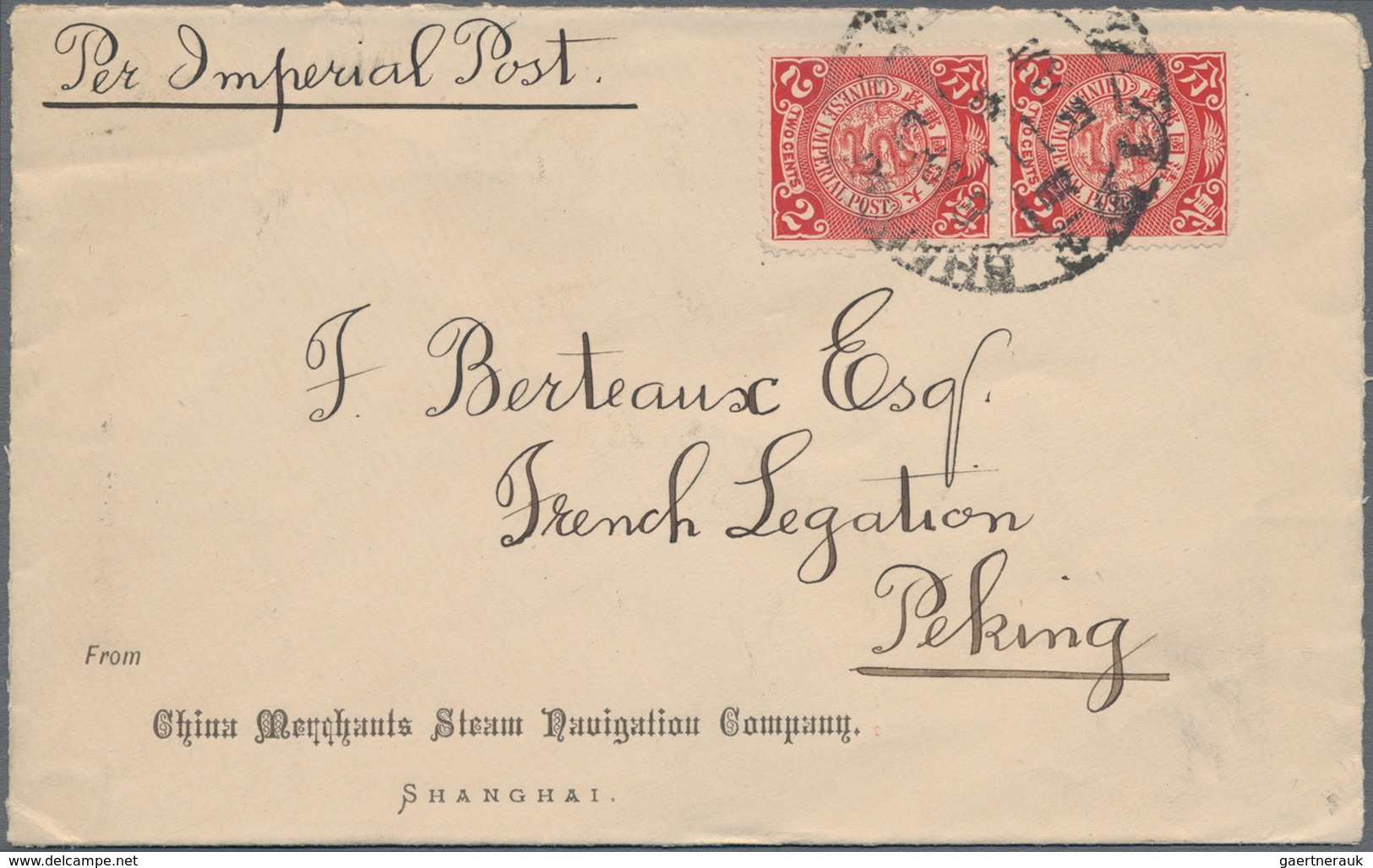 China: 1898, Coiling Dragon 2 C. Carmine, A Vertical Pair, Tied Large Dollar "SHANGHAI 8 APR 98" To - 1912-1949 République