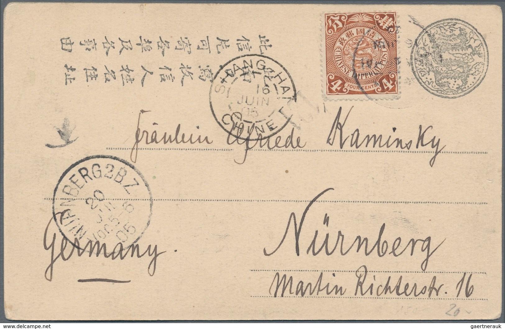 China: 1902/09, coiling dragons on ppc (5) from Shanghai (4) or Peking (1) to Austria, France or Ger