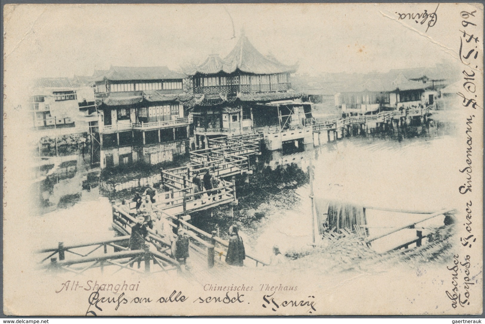 China: 1898, Coiling Dragon 4 C. Brown Tied German P.o. "SHANGHAI 1/7 01" To Ppc (Shanghai Tea House - 1912-1949 República