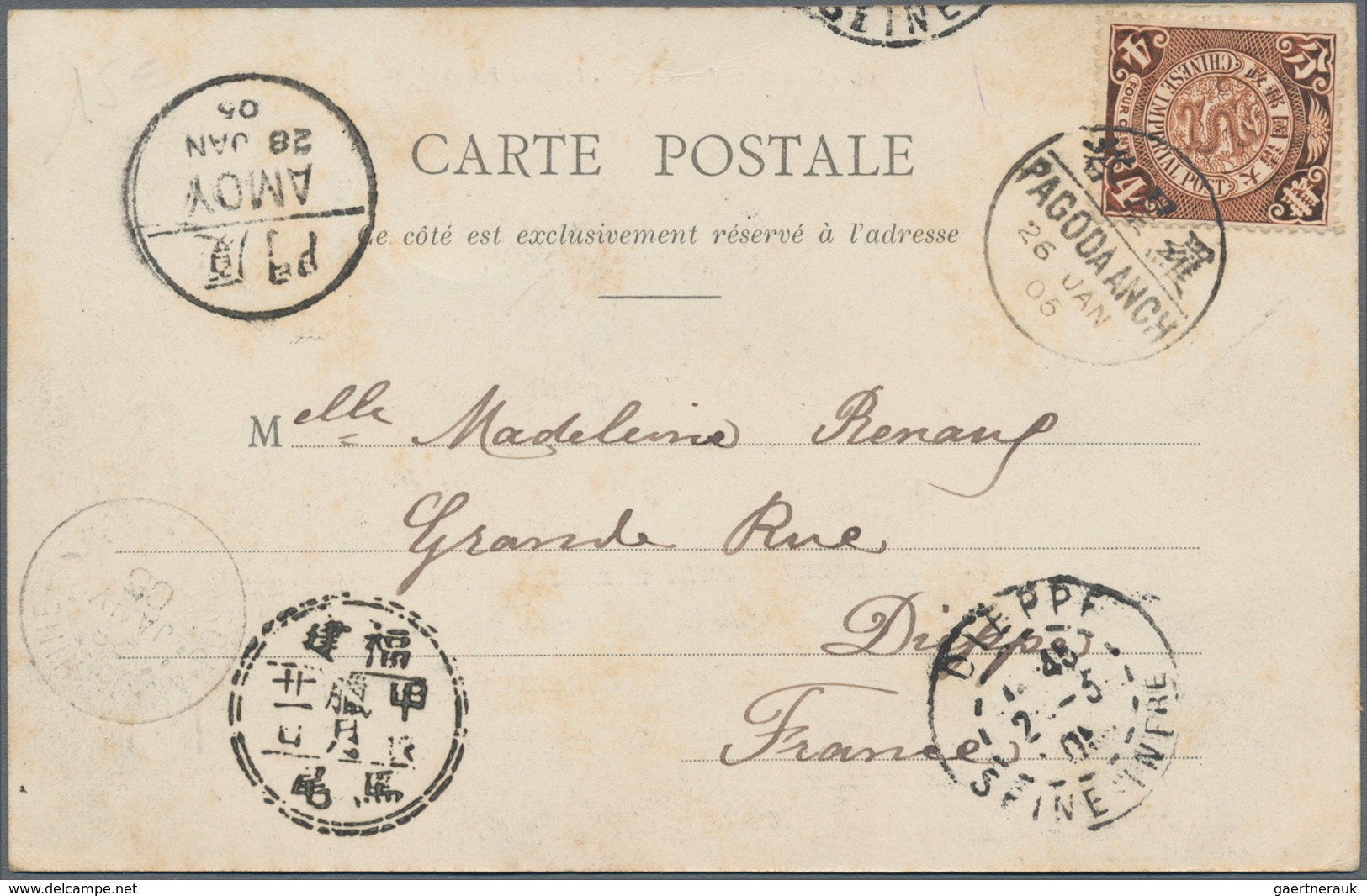 China: 1902, Coiling Dragon 4 C. Dark Brown Tied Bisected Bilingual "PAGODA ANCH. 26 JAN 05" To Ppc - 1912-1949 Republic