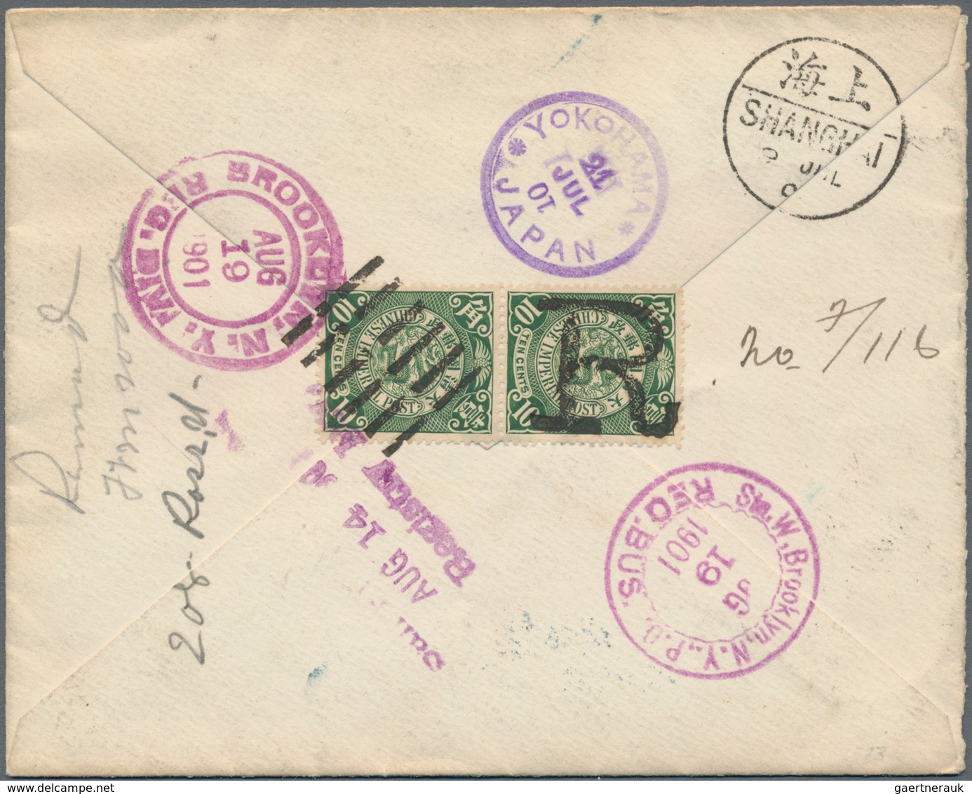 China: 1898, Coiling Dragon 10 C. Green (vertical Pair) Tied Bold "R" And Pa-kua Of "WUHU 7 JUL 01" - 1912-1949 República