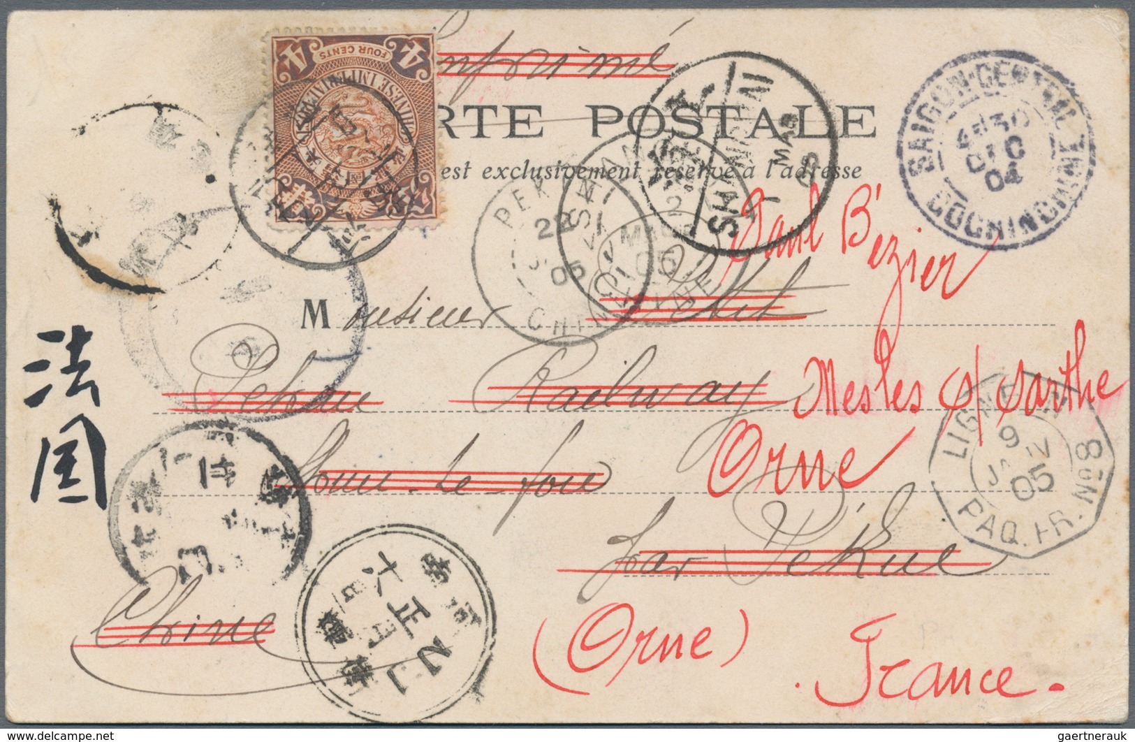 China: 1904, Inbound From French Indochina And Fwd., 5 C. Green Applied To Viewsite Marked "SAIGON C - 1912-1949 República