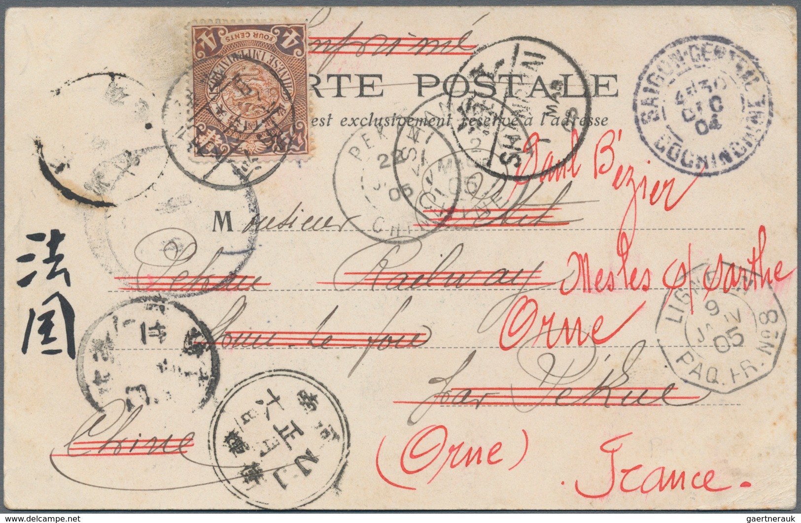 China: 1904, Inbound From French Indochina And Fwd., 5 C. Green Applied To Viewsite Marked "SAIGON C - 1912-1949 Republic