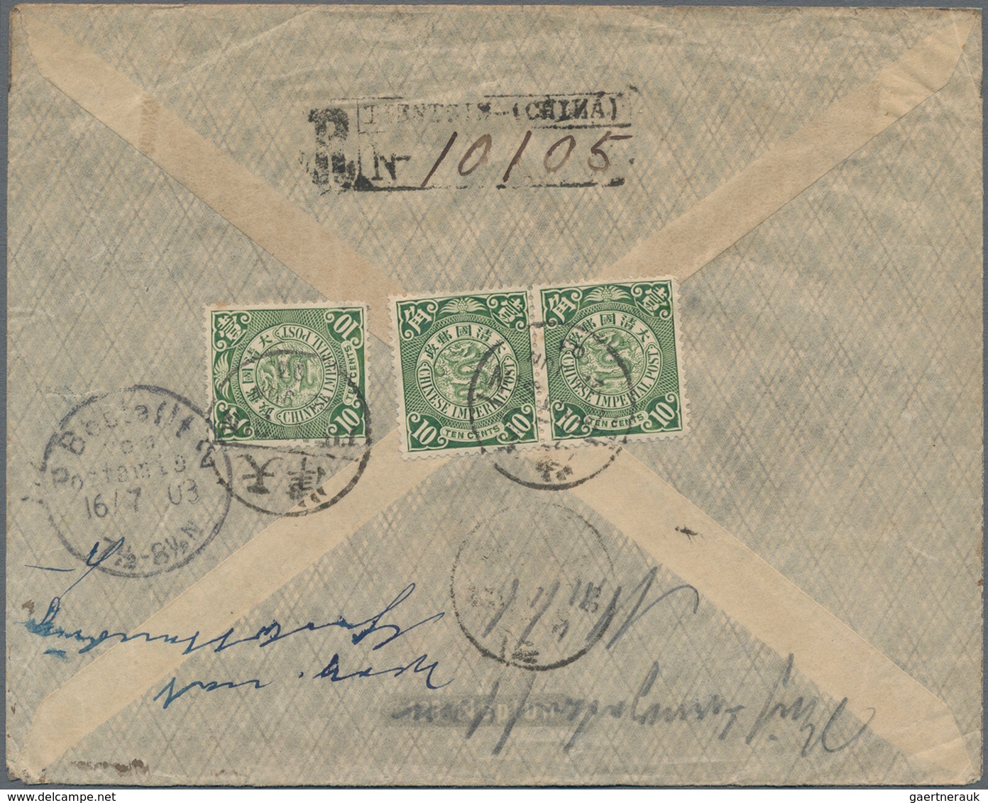 China: 1902, Coiling Dragons 10 C. Green (3, Inc. Pair) Tied "TIENTSIN 22 JUN 03" To Reverse Of Regi - 1912-1949 Republic