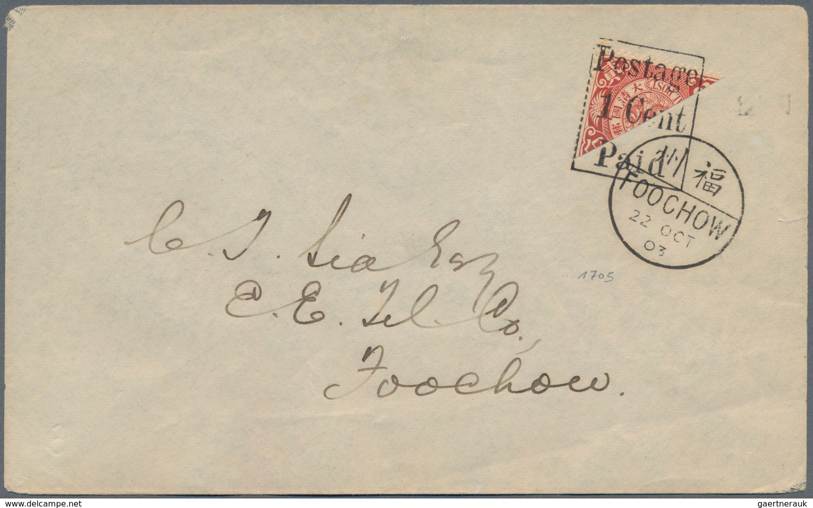 China: 1903, Foochow Provisional, Coiling Dragon 2 C. Bisect Ovpt. "Postage 1 Cent Paid" Tied "FOOCH - 1912-1949 República