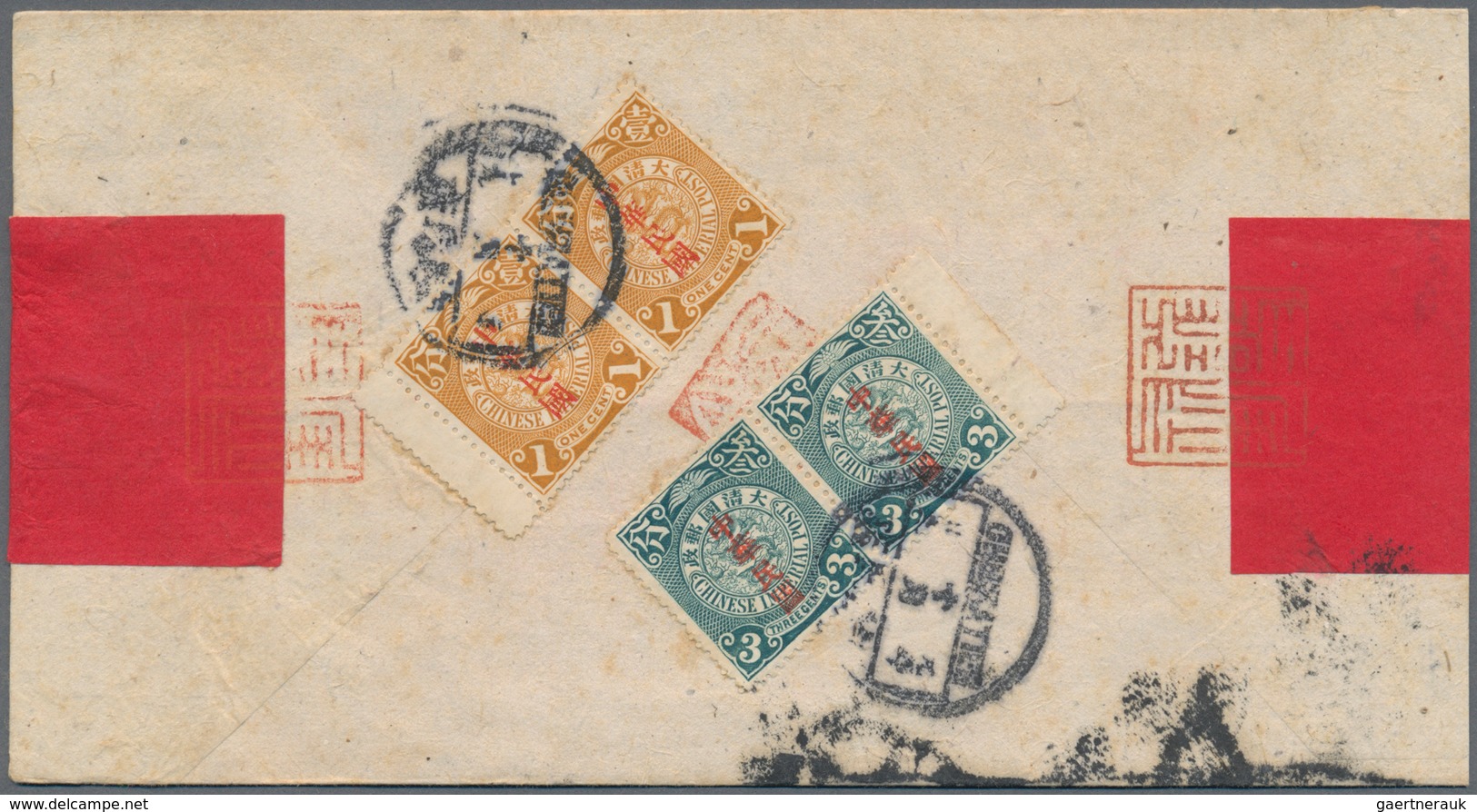 China: 1912, Commercial Press 1 C. And 3 C. Green Both Horizontal Selvadge Pairs, Tied Bilingual Box - 1912-1949 Republic