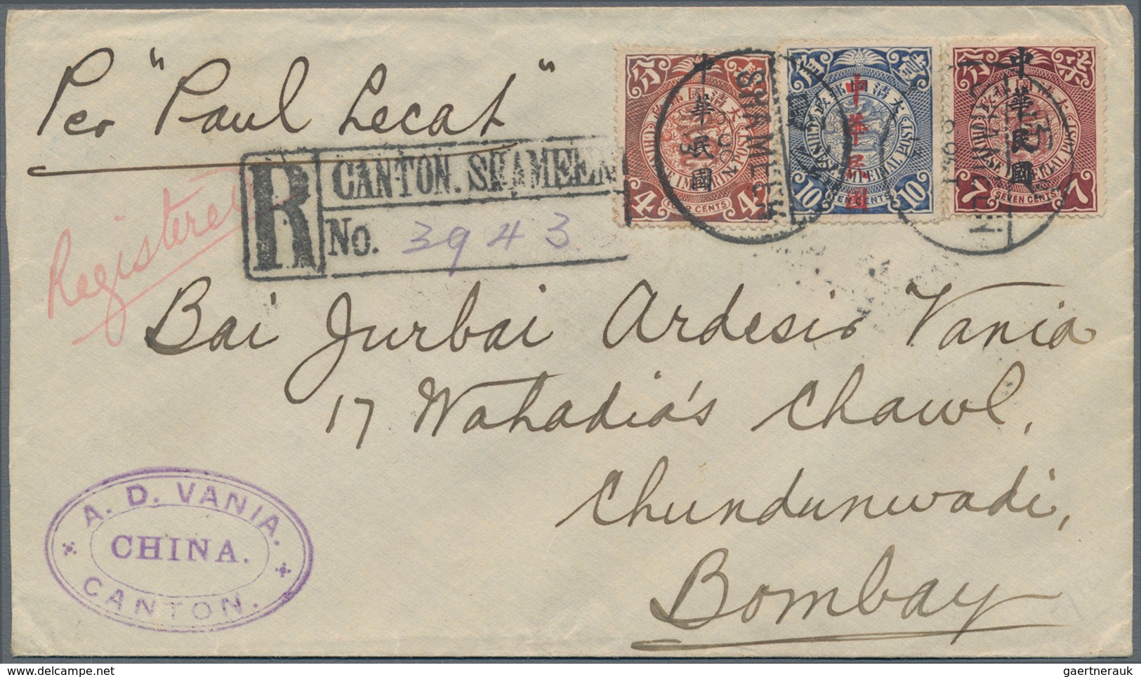 China: 1912, Waterlow Ovpt. 4 C., 7 C. And 10 C. Ultra Tied Bisected Bilingual "SHAMEEN 6 OCT 13" To - 1912-1949 República