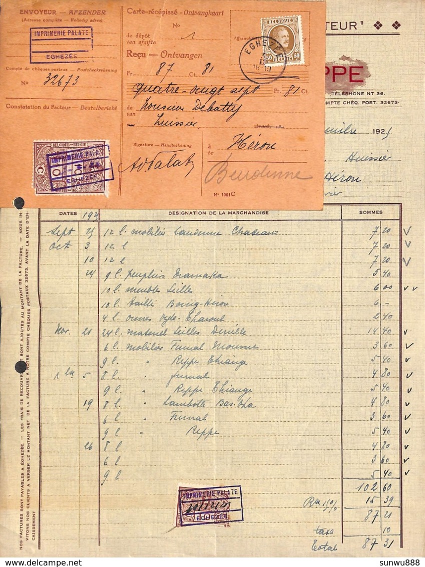 Eghezée - Imprimerie Lithographie Librairie Palate Snappe 1925 (timbres + Carte-récépissé) - 1900 – 1949