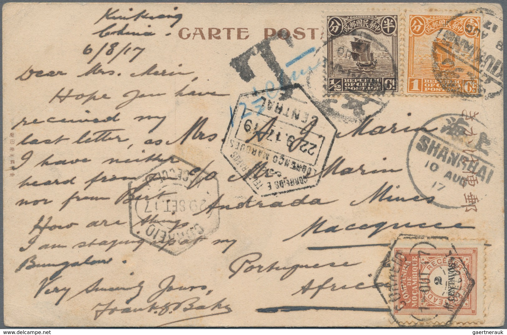 China: 1913, Junk 1/2 C., 1 C. Tied "KIUKIANG 8 AUG 17" To Ppc (Kuling Road) To Maceguece / Portugue - 1912-1949 République