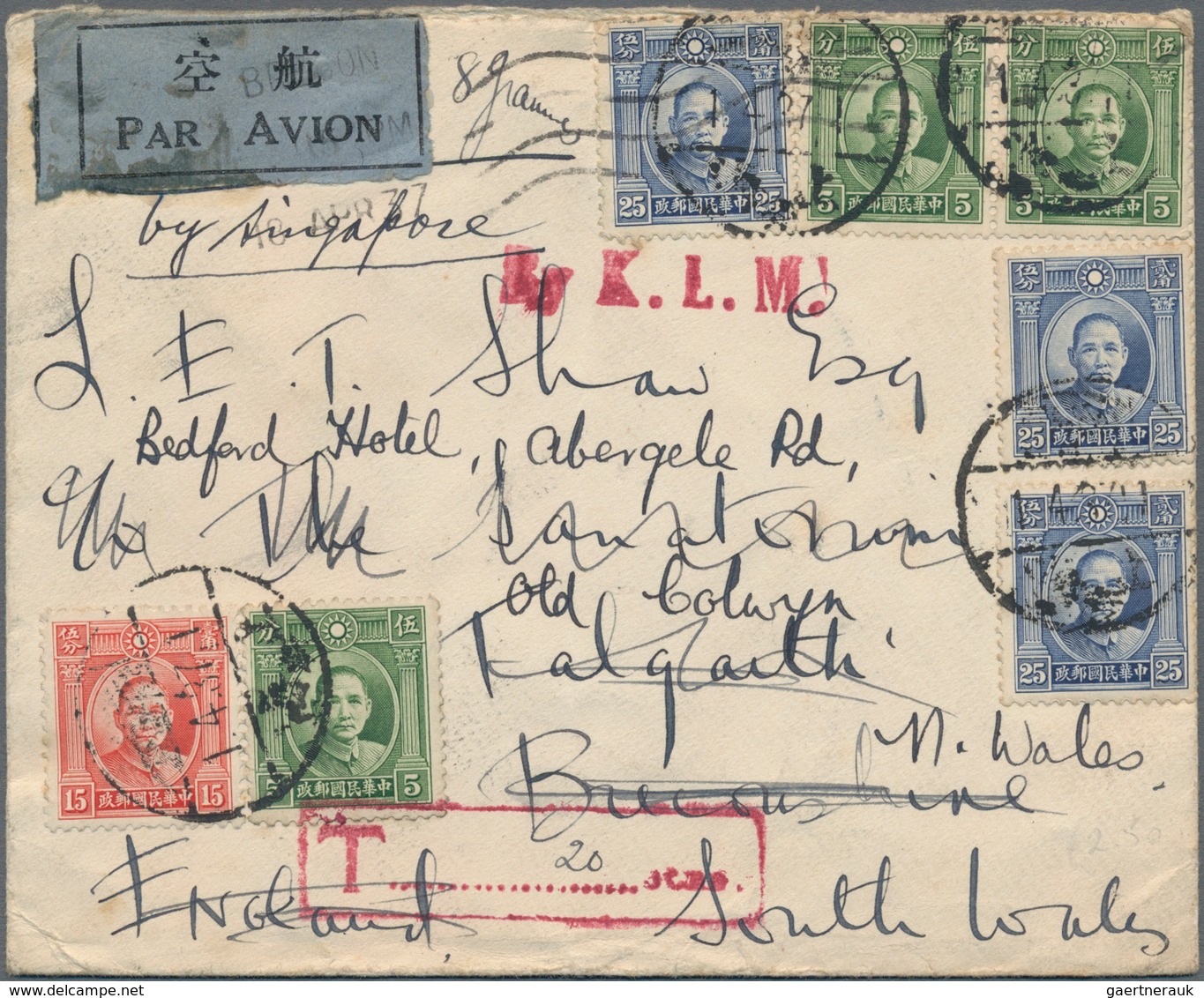 China: 1932/35, Two Air Mail Covers By KLM To Europe: SYS 5 C. (3), 15 C., 25 C. (3) As $1.05 Frank - 1912-1949 República