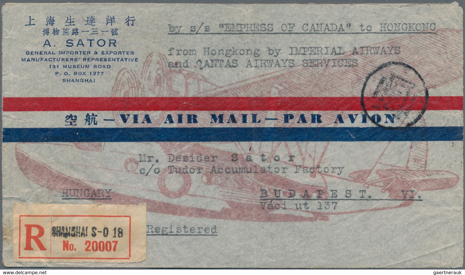 China: 1932/35, Two Air Mail Covers By IAL: $1.30 Frank Tied "SHANGHAI 24.8.37" Registered To Budape - 1912-1949 República