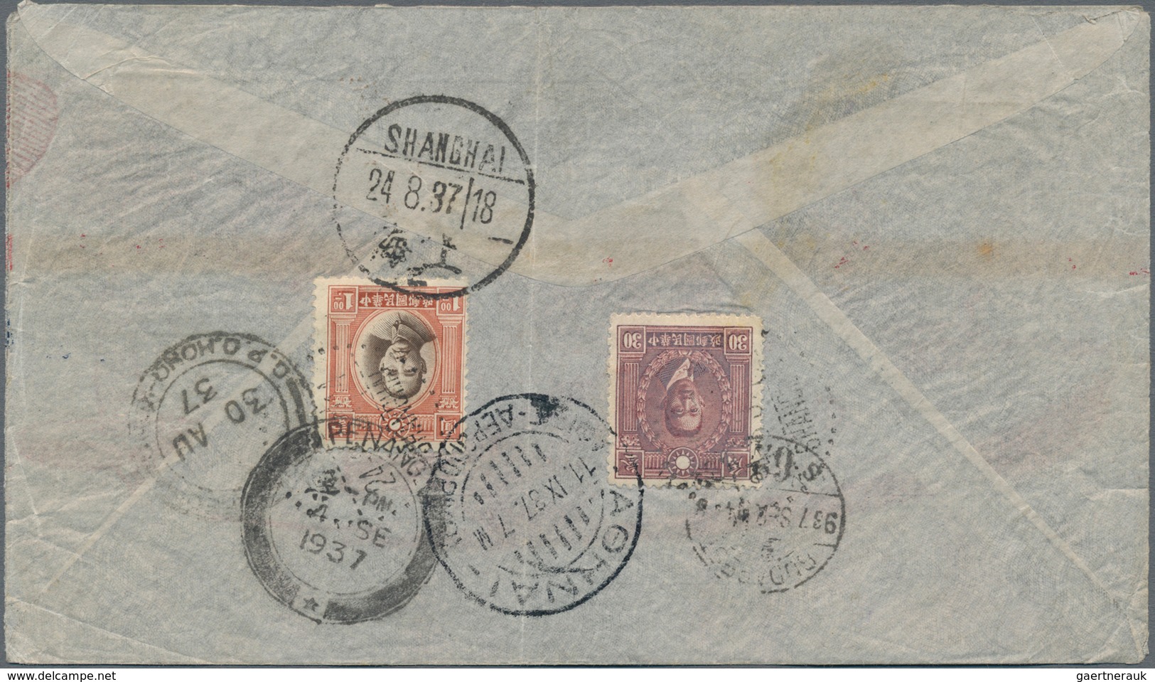 China: 1932/35, Two Air Mail Covers By IAL: $1.30 Frank Tied "SHANGHAI 24.8.37" Registered To Budape - 1912-1949 República