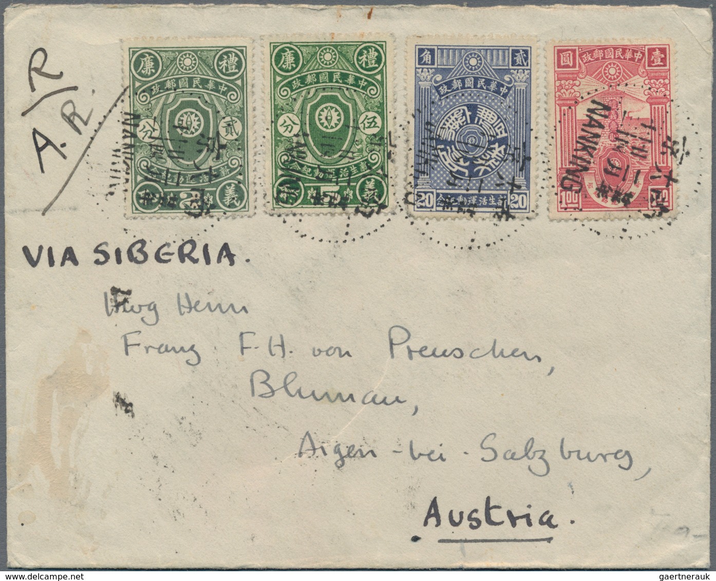 China: 1936, New Live Movement Set Tied "NANKING 35.2.24" To Registered-AR Cover To Aigen Bei Salzbu - 1912-1949 République