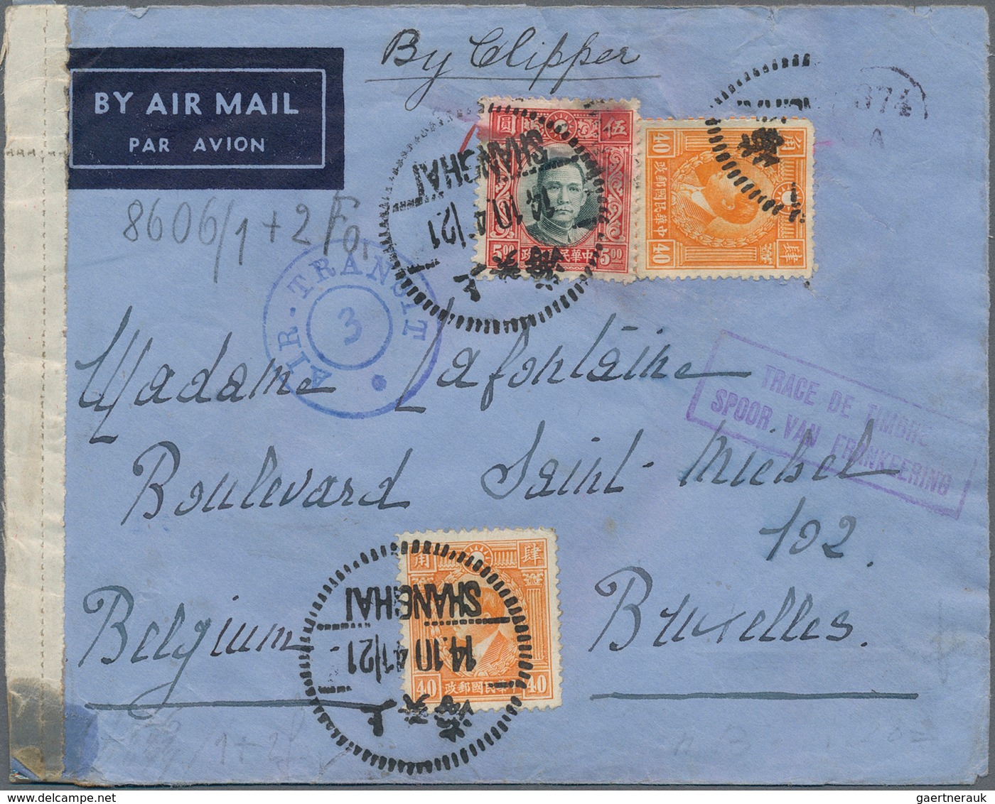 China: 1941, Air Mail Envelope Addressed To Belgium Bearing China SG 480, S5 Green And Scarlet And S - 1912-1949 République