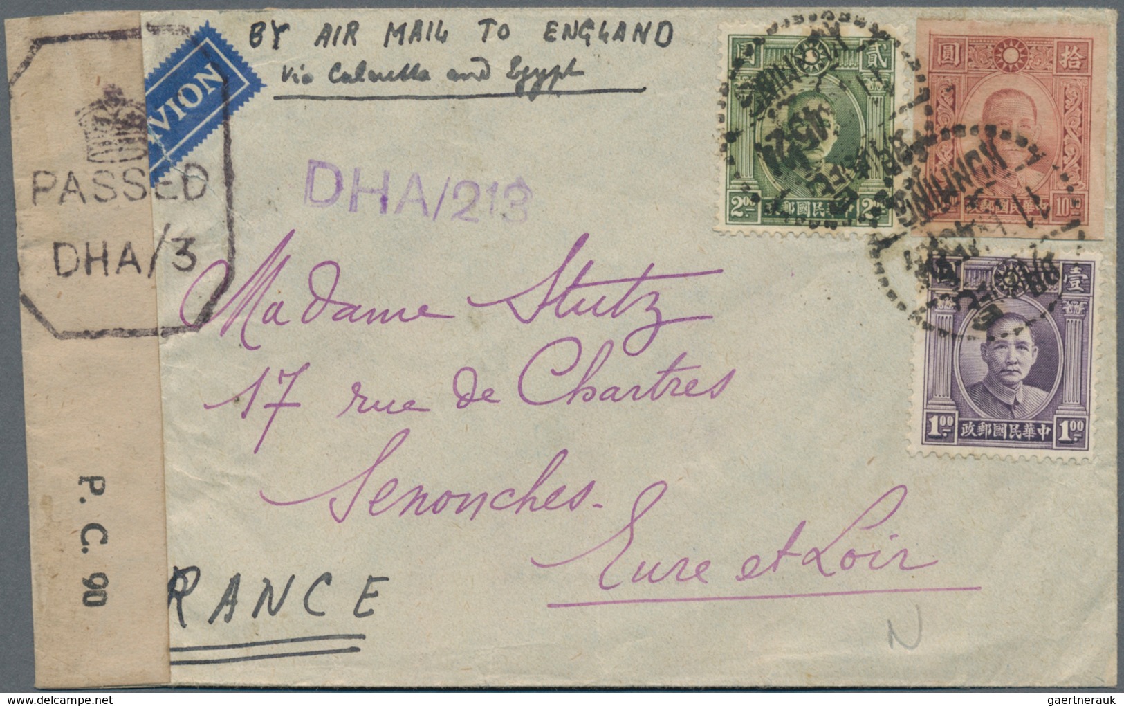 China: 1945 Small Censored Airmail Cover From Kunming To Senonches, France 'By Air Mail To England V - 1912-1949 République