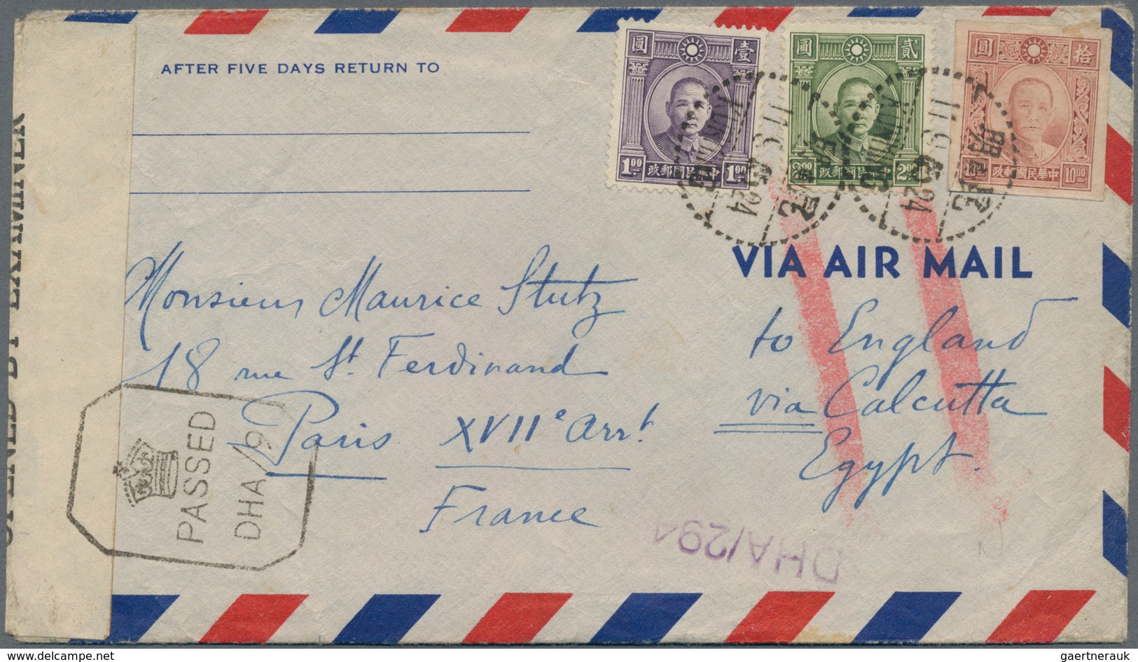 China: 1945 Censored Airmail Envelope From Kunming To Paris, France 'to England Via Calcutta/Egypt' - 1912-1949 République