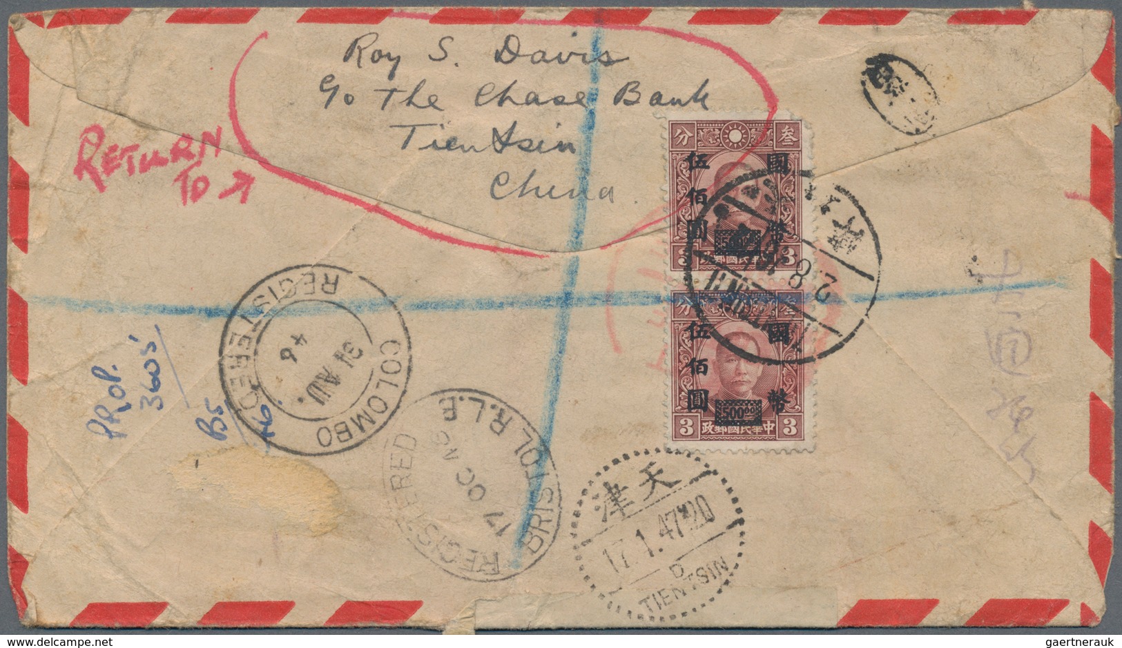 China: 1946, $500/3 C. (pair) With $10 (faults), $50 Tied "TIENTSIN 11 2.8.46" To Registered Airmail - 1912-1949 República