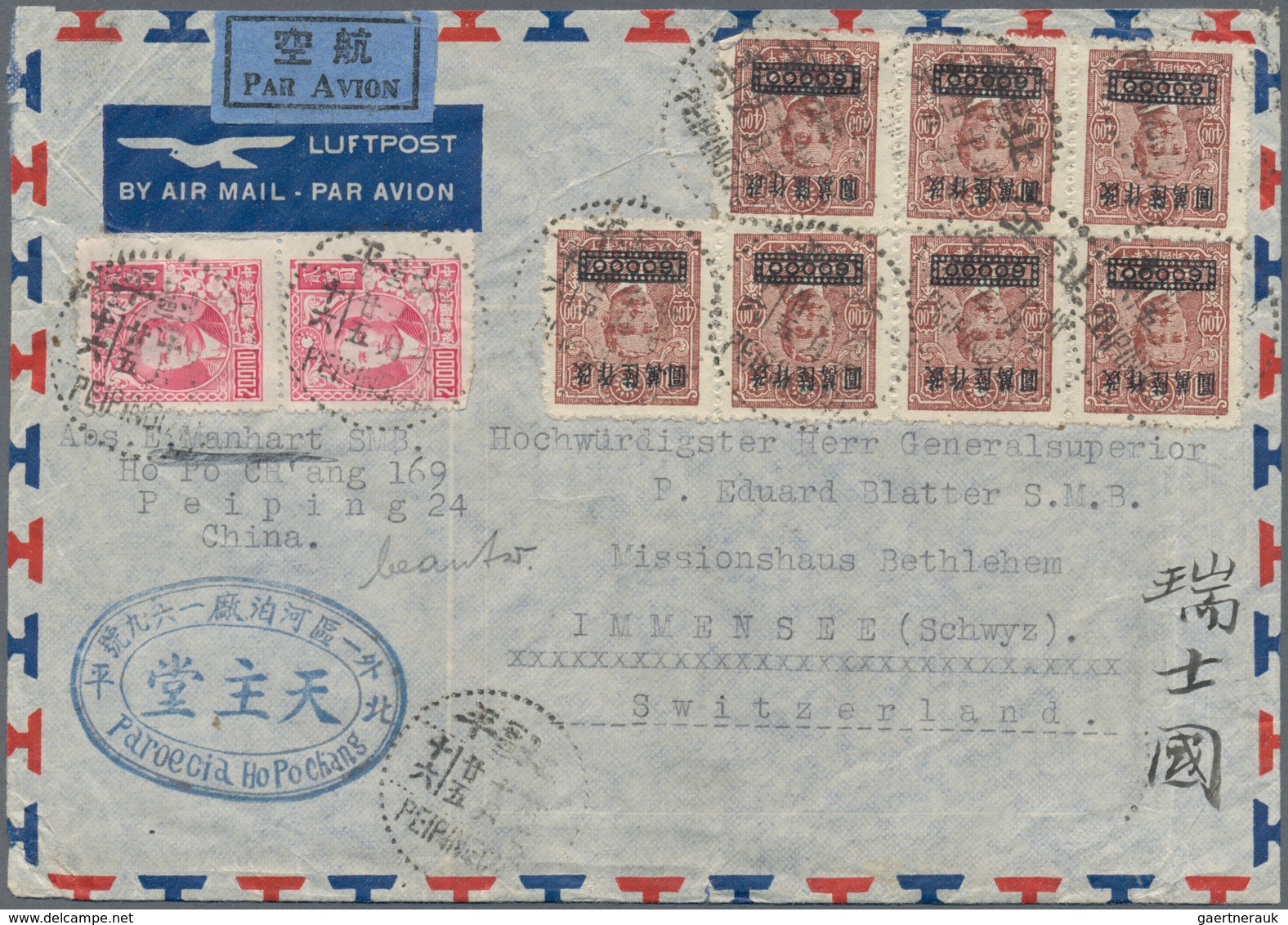 China: 1947/48, Air Mail Covers (4) To Switzerland (3) Or USA, Including 1947 Postal Service Set (5, - 1912-1949 République