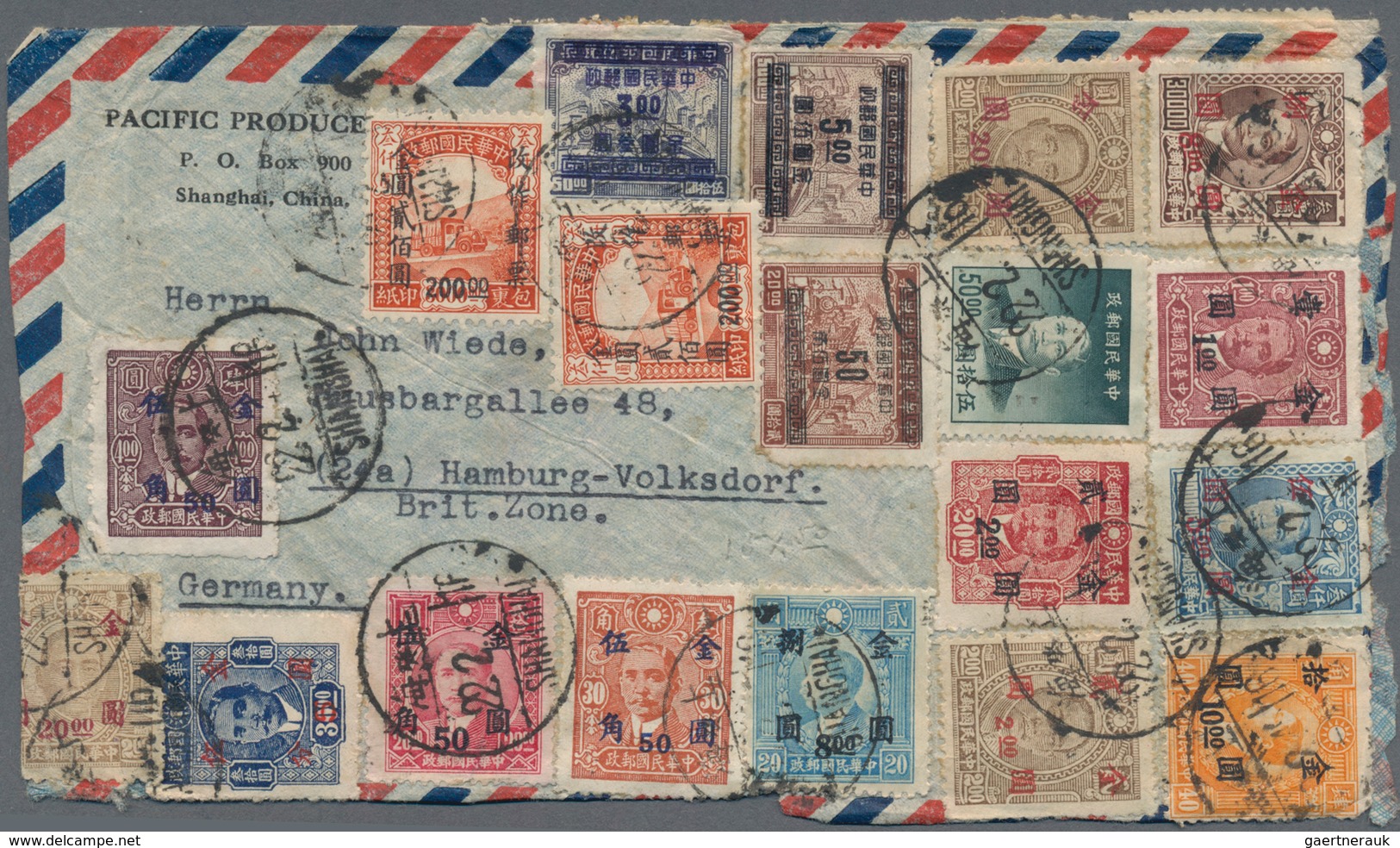 China: 1948/49, Four Covers With Mostly Gold Yuan Surcharges To Germany (2) Or USA (2), Inc. Registr - 1912-1949 République