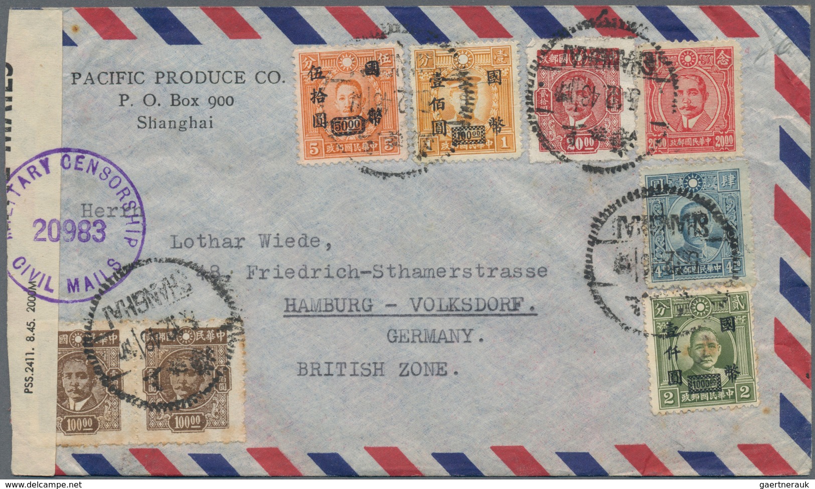 China: 1948/49, Four Covers With Mostly Gold Yuan Surcharges To Germany (2) Or USA (2), Inc. Registr - 1912-1949 République