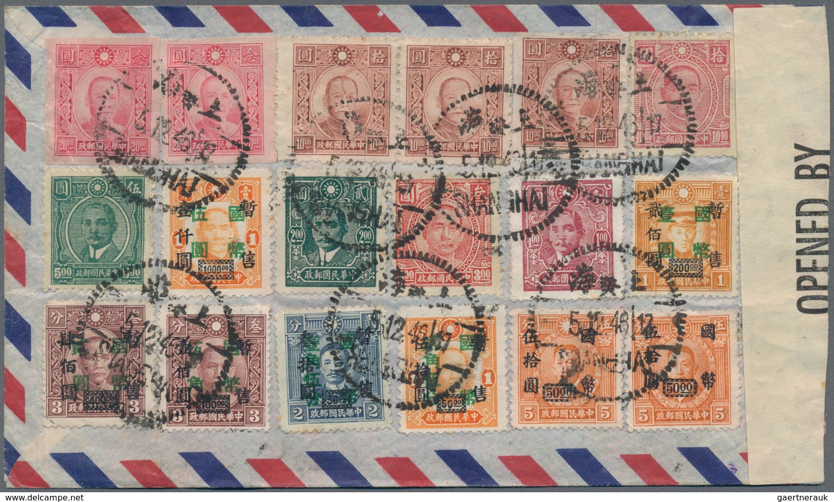 China: 1948/49, four covers with mostly gold yuan surcharges to Germany (2) or USA (2), inc. registr
