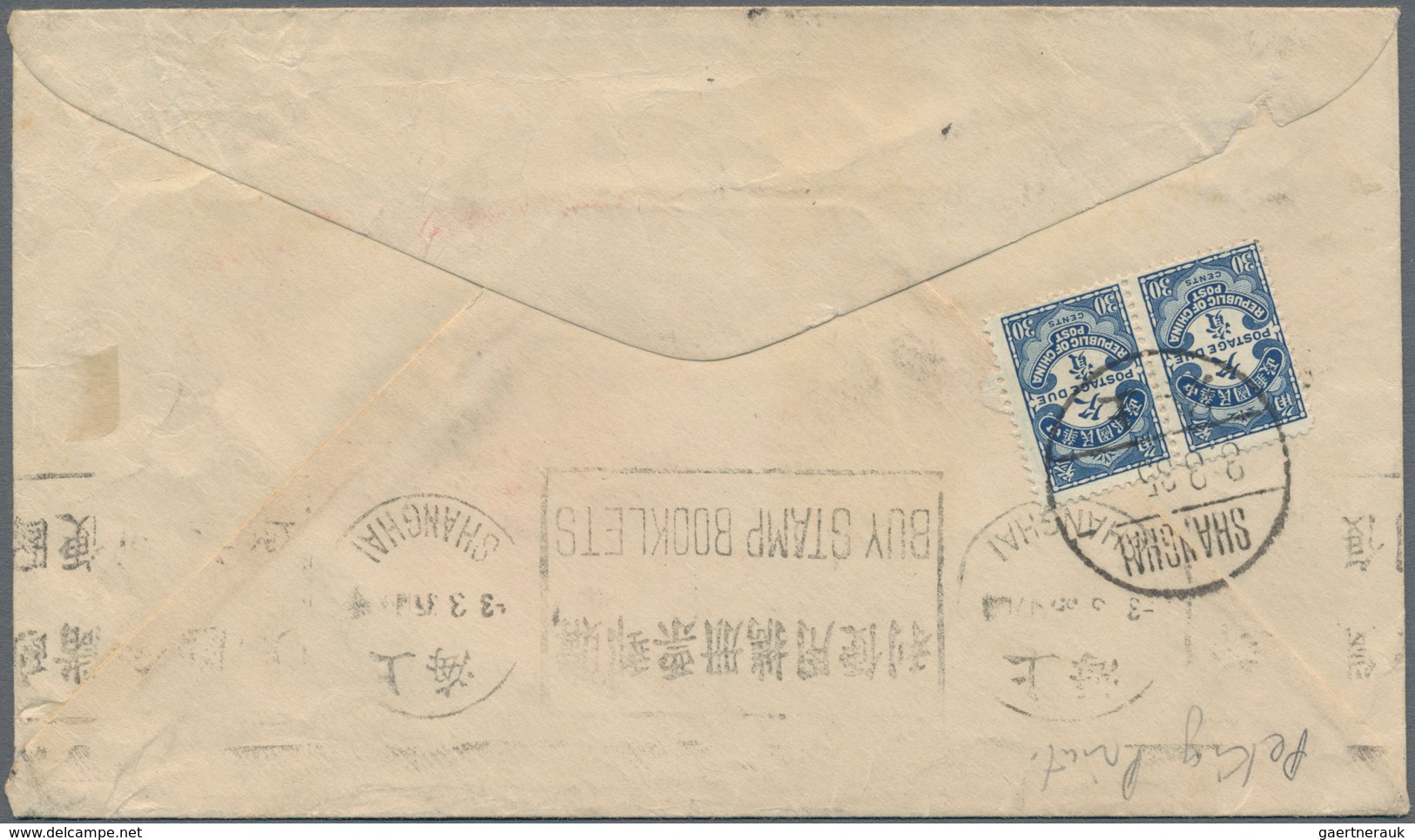 China - Portomarken: 1915, Peking Print 30 C. Blue Horizontal Pair Tied "SHANHGAI 8 8 35" To Reverse - Postage Due