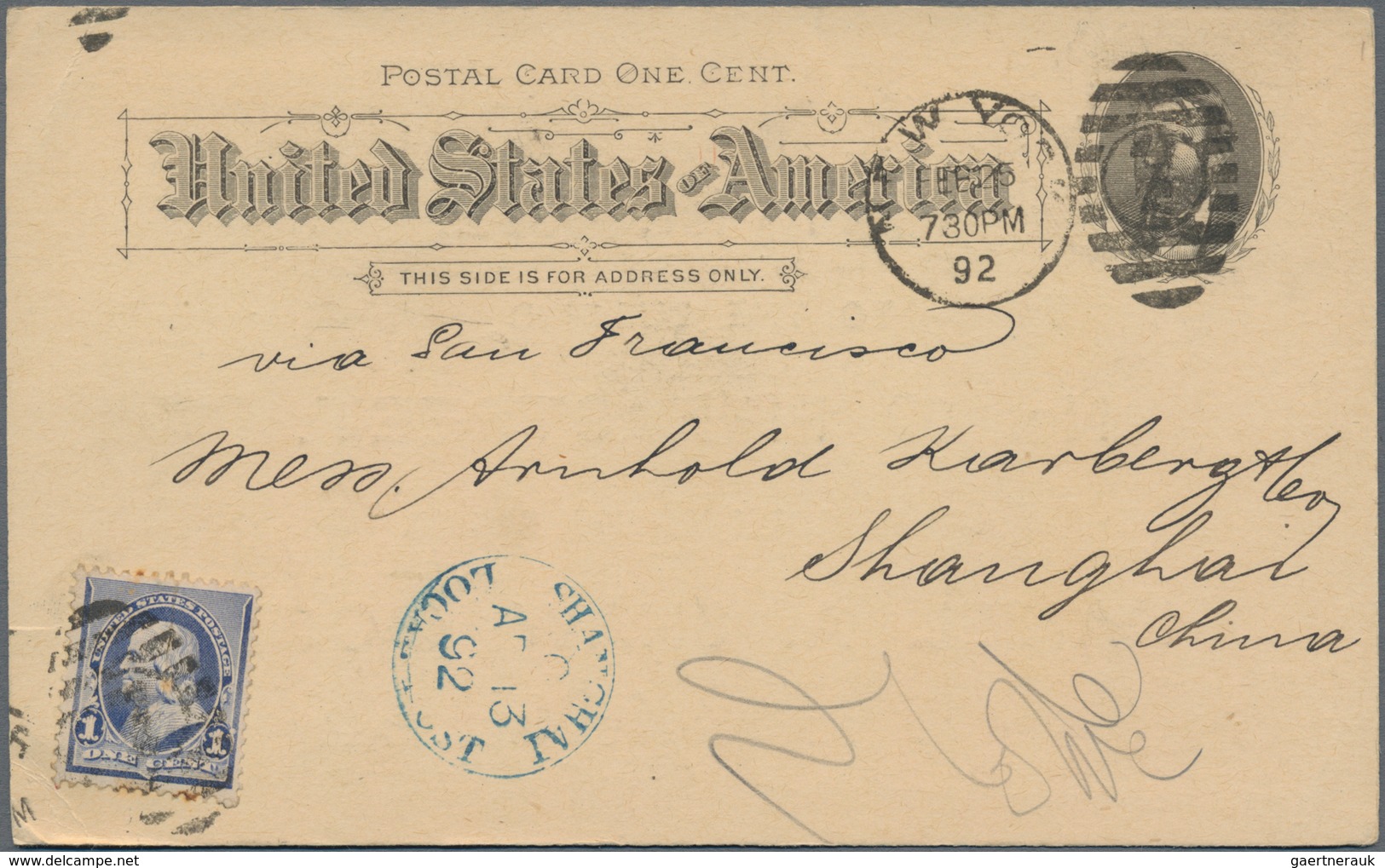 China - Lokalausgaben / Local Post: 1892, Blue "SHANGHAI LOCAL POST C AP 13 92" On Incoming Card USA - Sonstige & Ohne Zuordnung