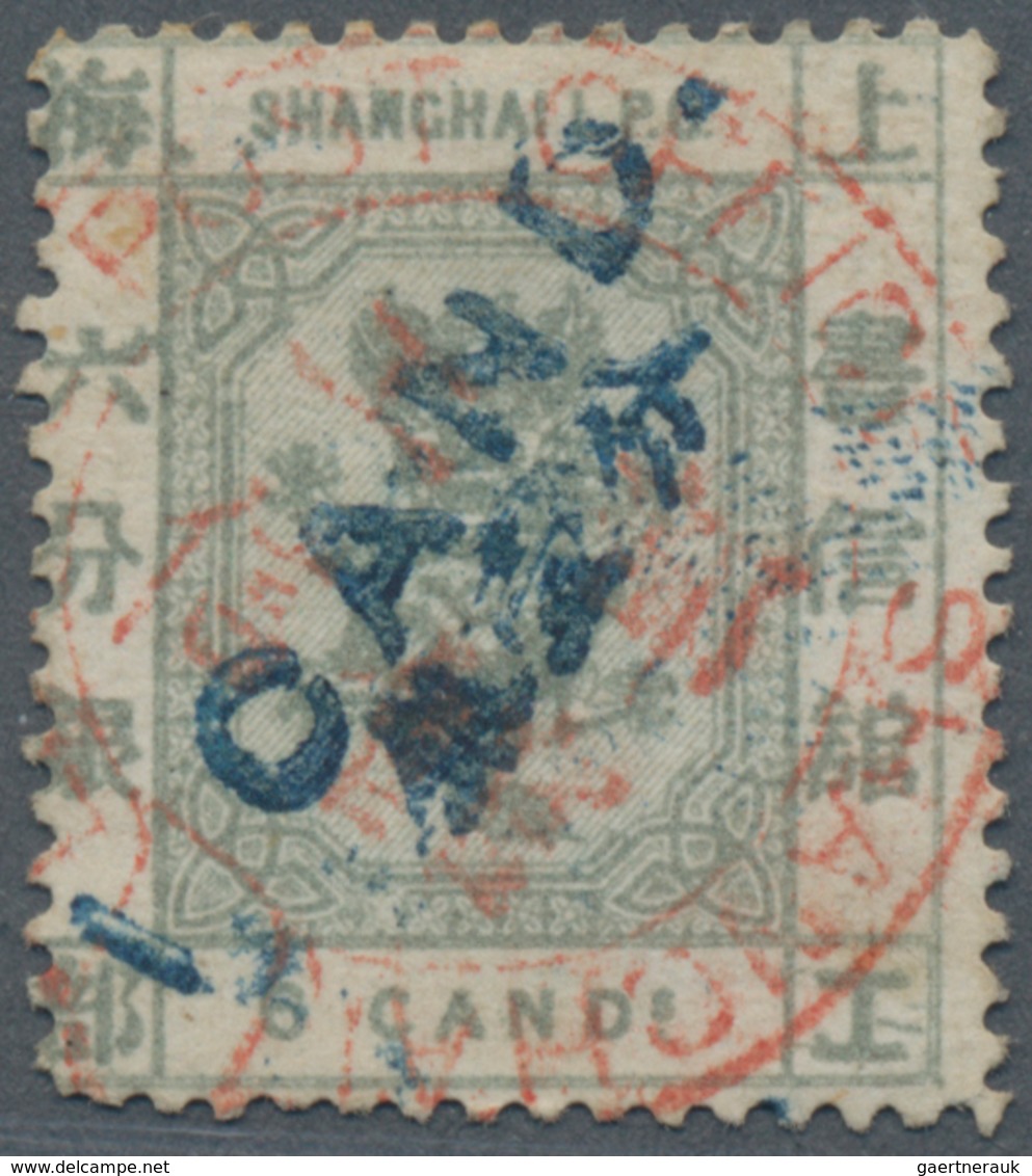 China - Shanghai: 1875, 1 Cand. In Blue On 6 Cds. Slate, Canc. Full Strike Small Red Garter Type (Ch - Autres & Non Classés