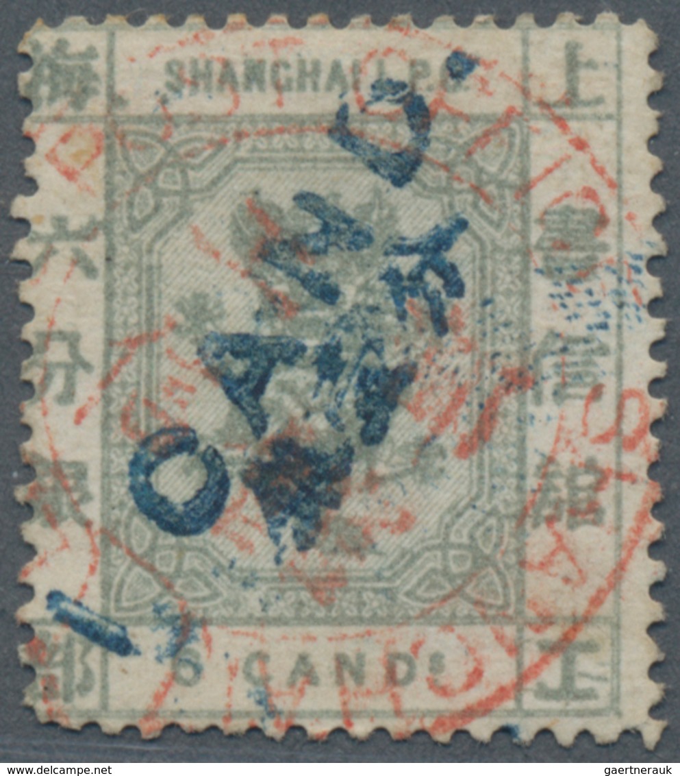 China - Shanghai: 1875, 1 Cand. In Blue On 6 Cds. Slate, Canc. Full Strike Small Red Garter Type (Ch - Other & Unclassified