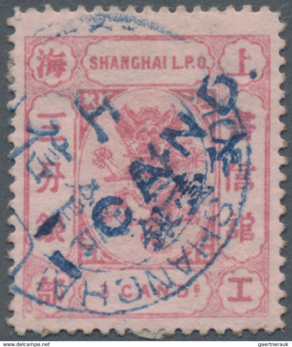 China - Shanghai: 1877, 1 Cand. In Blue On 3 Cds. Rose On Rose, Canc. Small Blue Garter Type, Opinio - Other & Unclassified