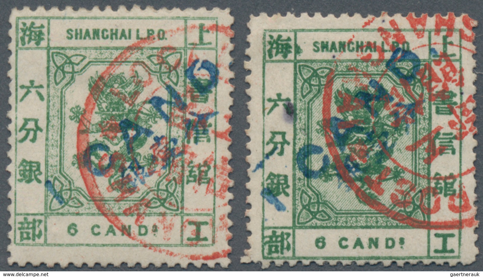 China - Shanghai: 1877, 1 Cand. In Blue On 6 Cds.green Resp. Deep Green, Both Canc. Red Bilingual Do - Other & Unclassified