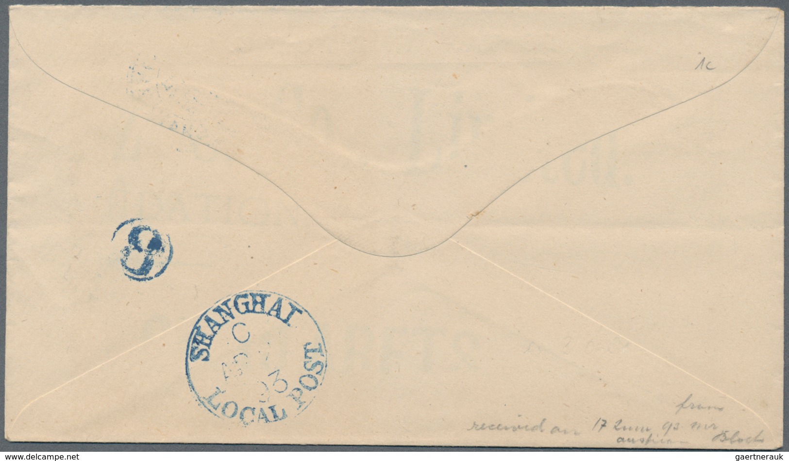 China - Shanghai: 1893, Envelope "POSTAGE PAID 1 CENT." Canc. Bilingual Blue "LOCAL POST SHANGHAI" W - Autres & Non Classés