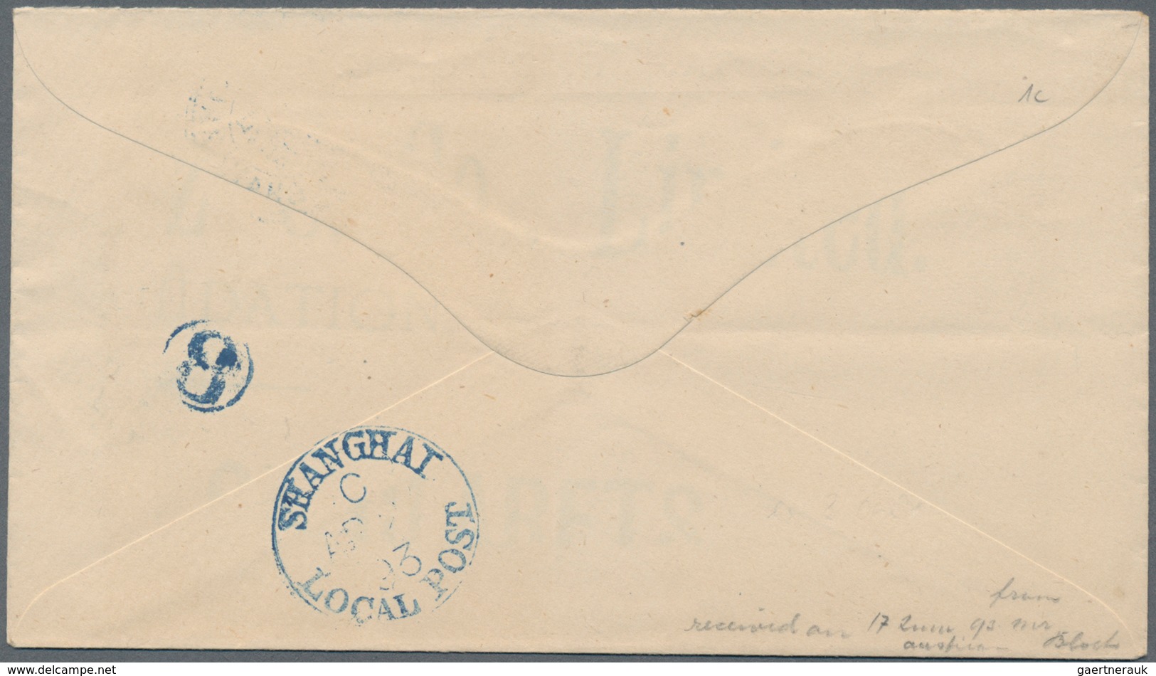 China - Shanghai: 1893, Envelope "POSTAGE PAID 1 CENT." Canc. Bilingual Blue "LOCAL POST SHANGHAI" W - Other & Unclassified