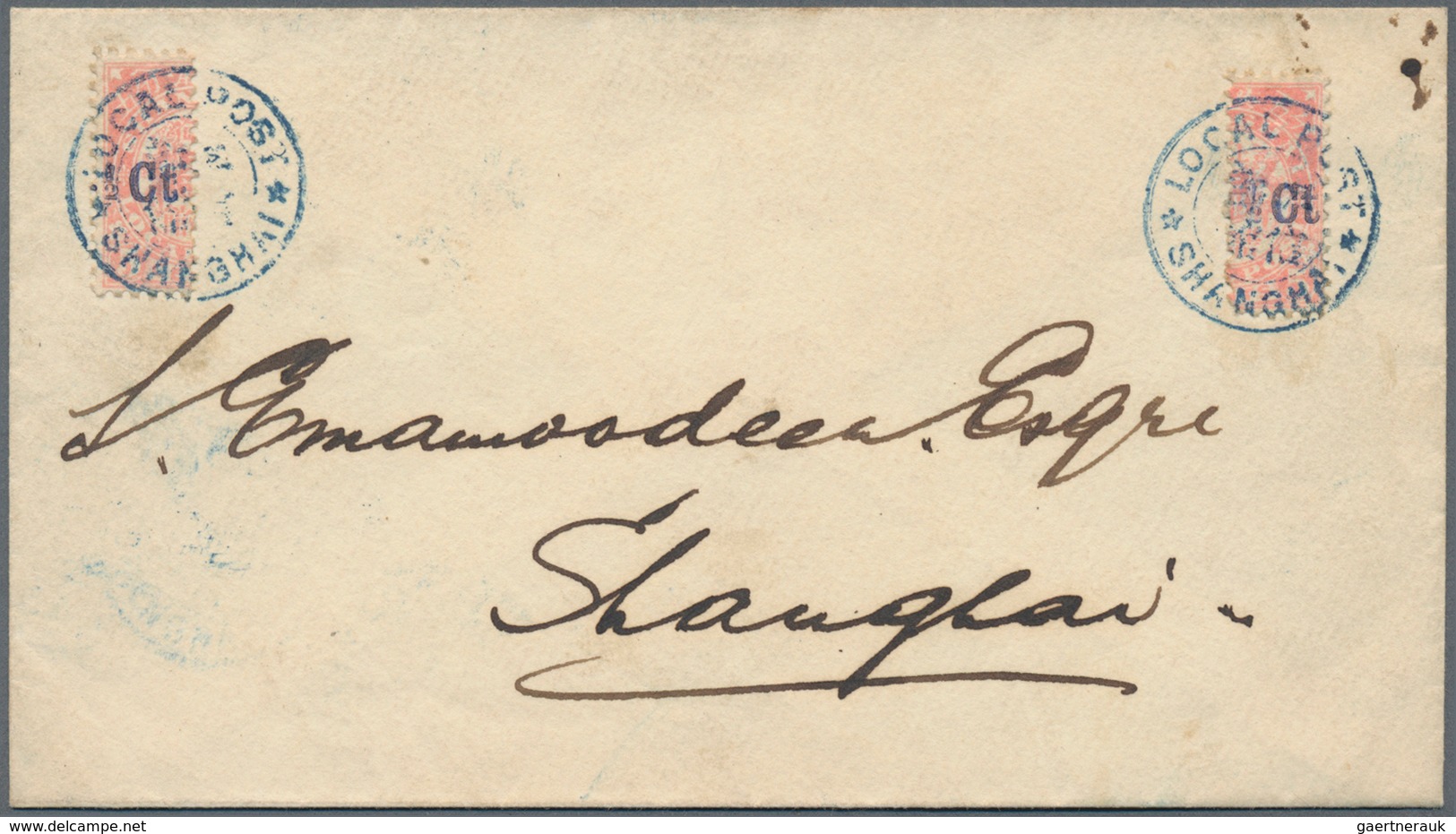 China - Shanghai: 1893, Bisect 1/2 C. On 5 Ct. Rose (2) Tied Blue Bilingual "LOCAL POST * SHANGHAI" - Other & Unclassified