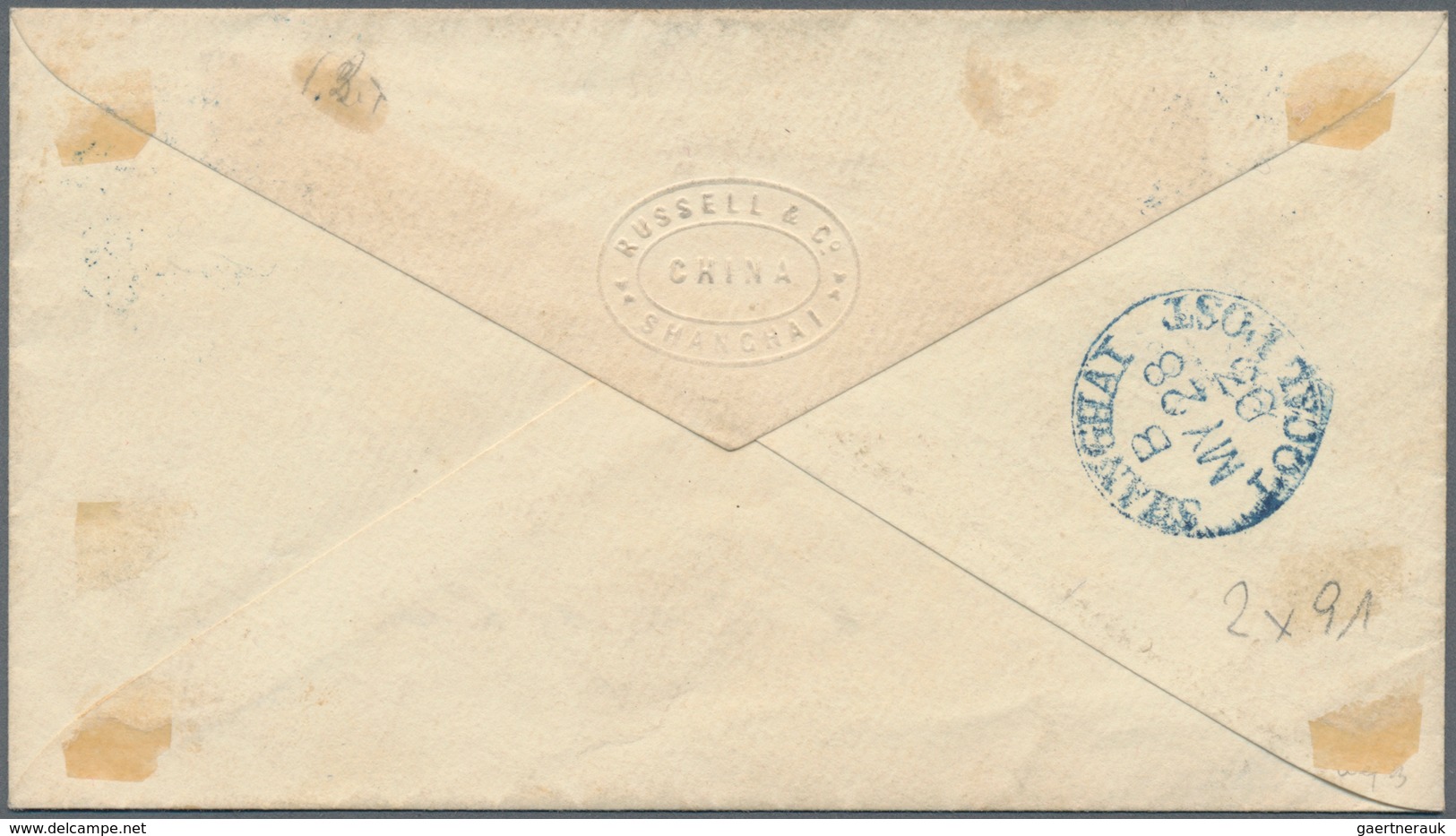 China - Shanghai: 1893, Bisect 1/2 C. On 5 Ct. Rose (2) Tied Blue Bilingual "LOCAL POST * SHANGHAI" - Otros & Sin Clasificación