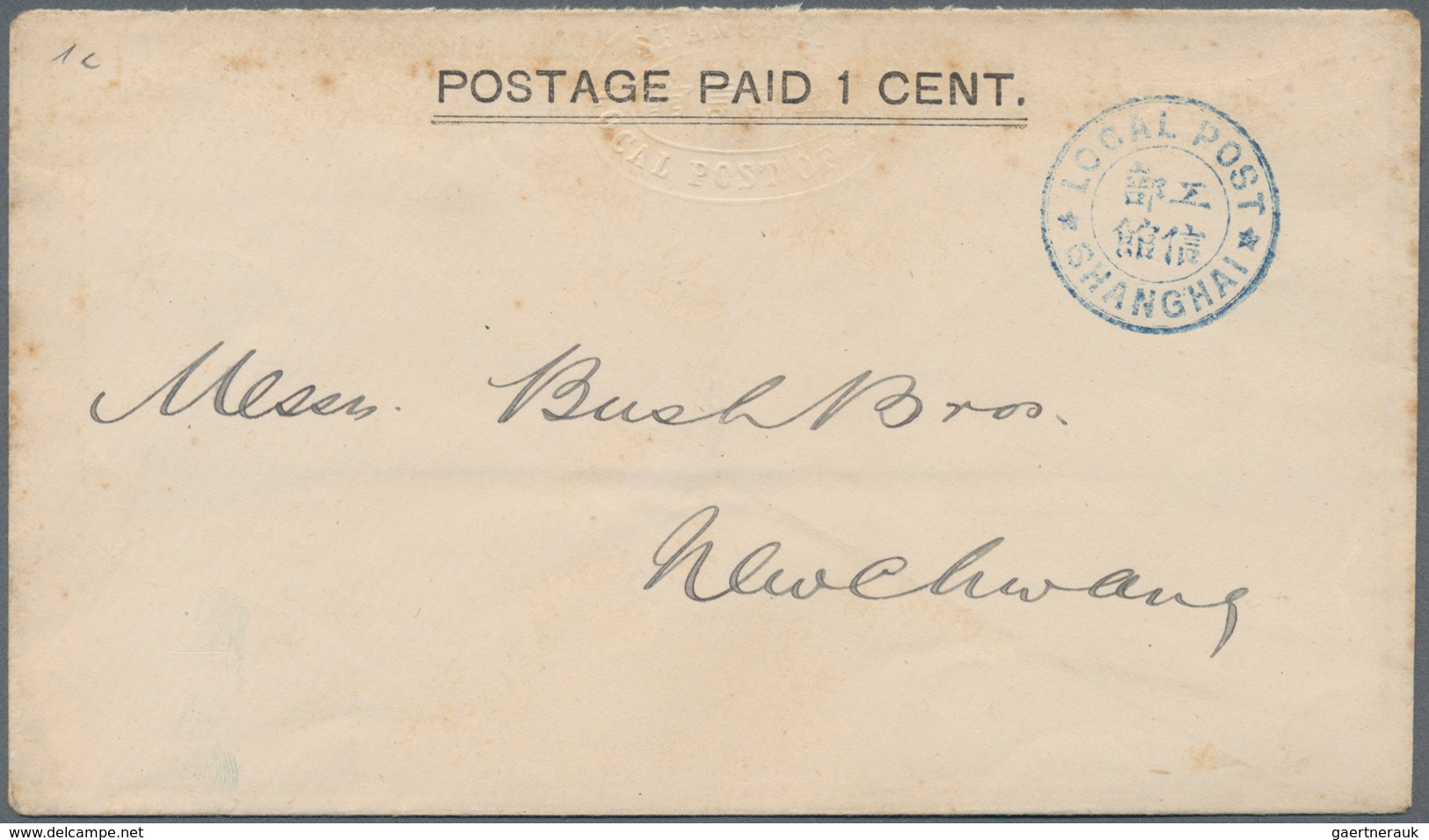 China - Shanghai: 1893, Envelope 1 C. With LPO Emboss Canc. Bilingual Blue "LOCAL POST SHANGHAI" To - Other & Unclassified