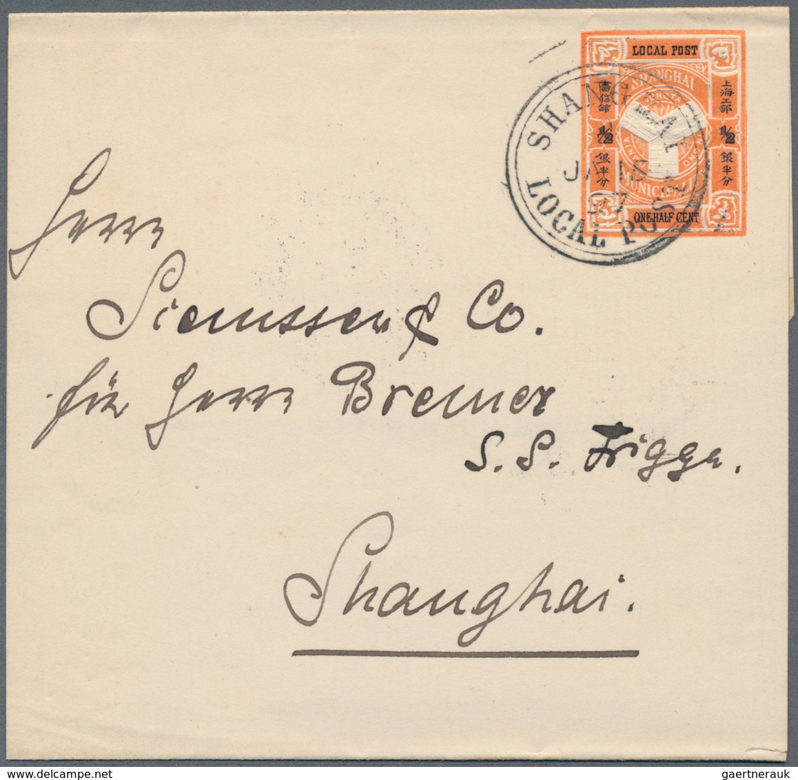 China - Shanghai: 1893, Wrapper 2 C. Gold Red/black Canc. "SHANGHAI LOCAL POST J JA 15 97" On Revers - Other & Unclassified